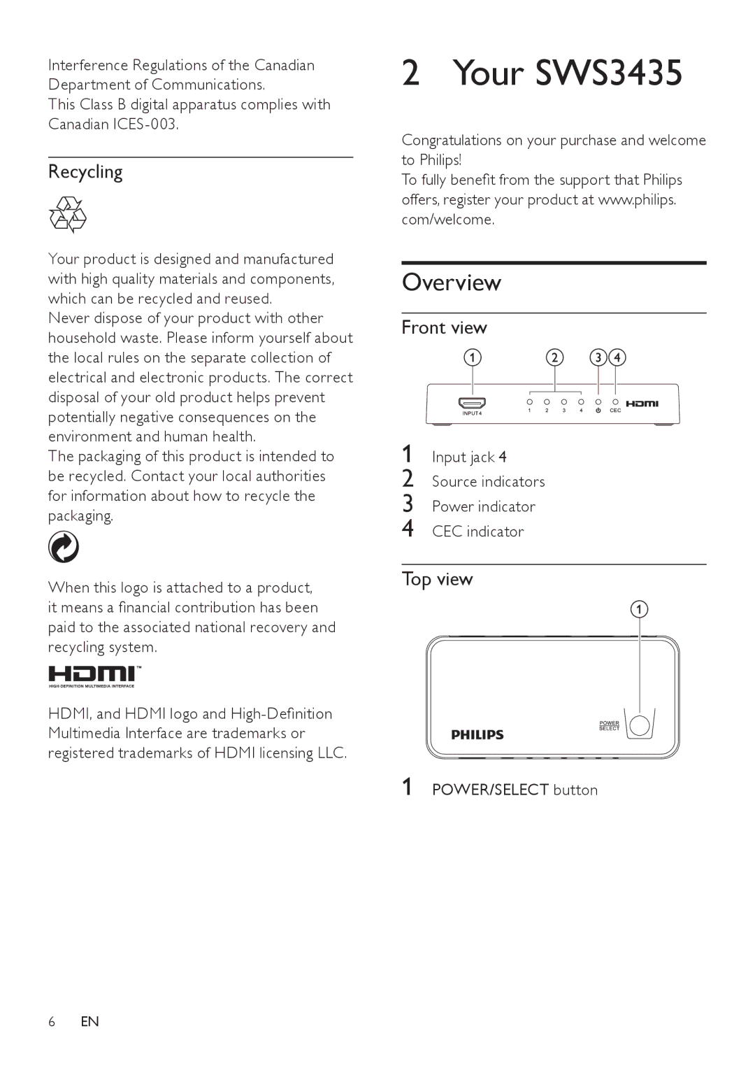 Philips SWS3435H/37, SWS3435S/27 user manual Your SWS3435, Recycling, Front view, Top view 