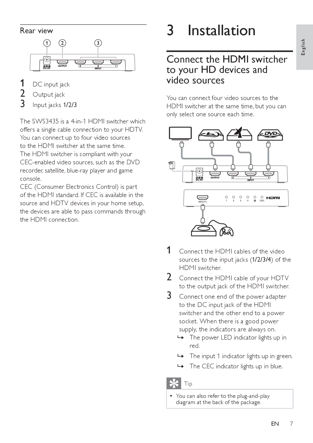 Philips SWS3435S/27, SWS3435H/37 user manual Installation, Rear view, DC input jack Output jack Input jacks 1/2/3, Red 