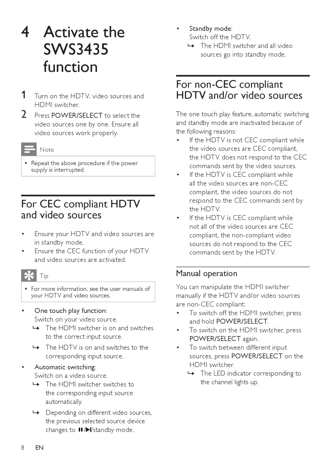 Philips SWS3435H/37, SWS3435S/27 user manual Manual operation, Turn on the HDTV, video sources and Hdmi switcher 