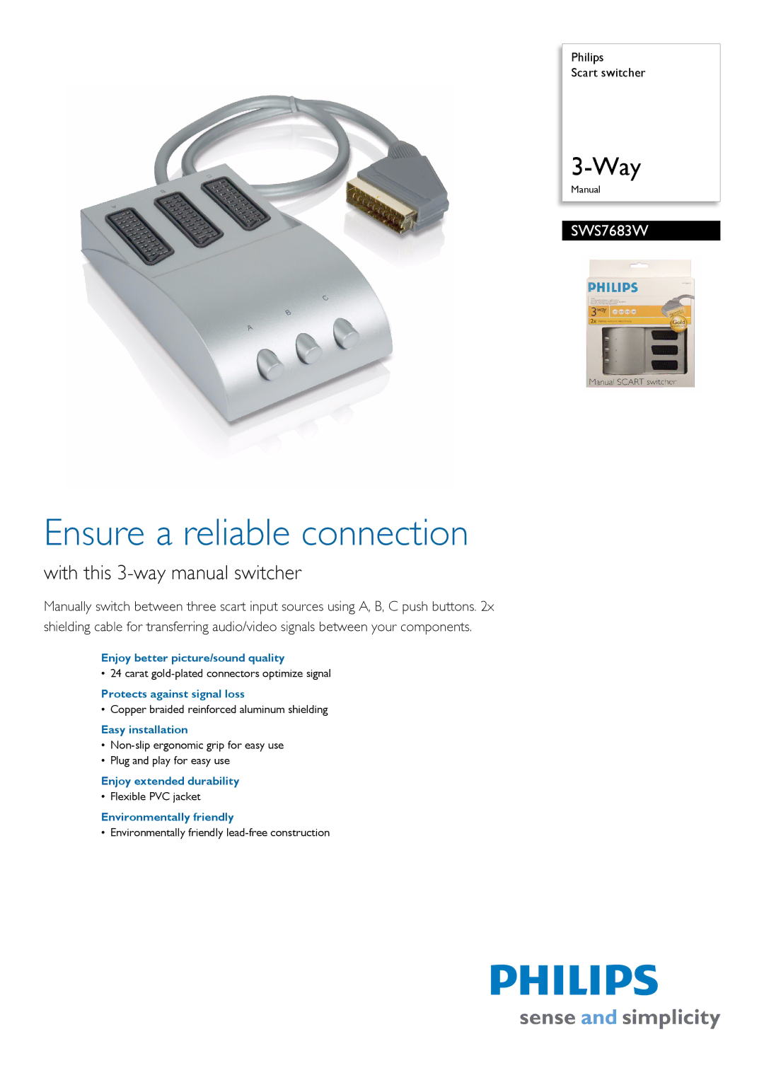 Philips SWS7683W/10 manual Ensure a reliable connection, With this 3-way manual switcher 