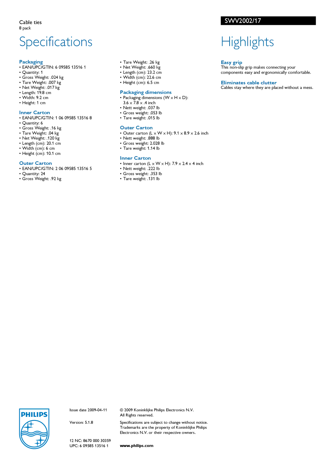 Philips SWV2002 manual Specifications Highlights 