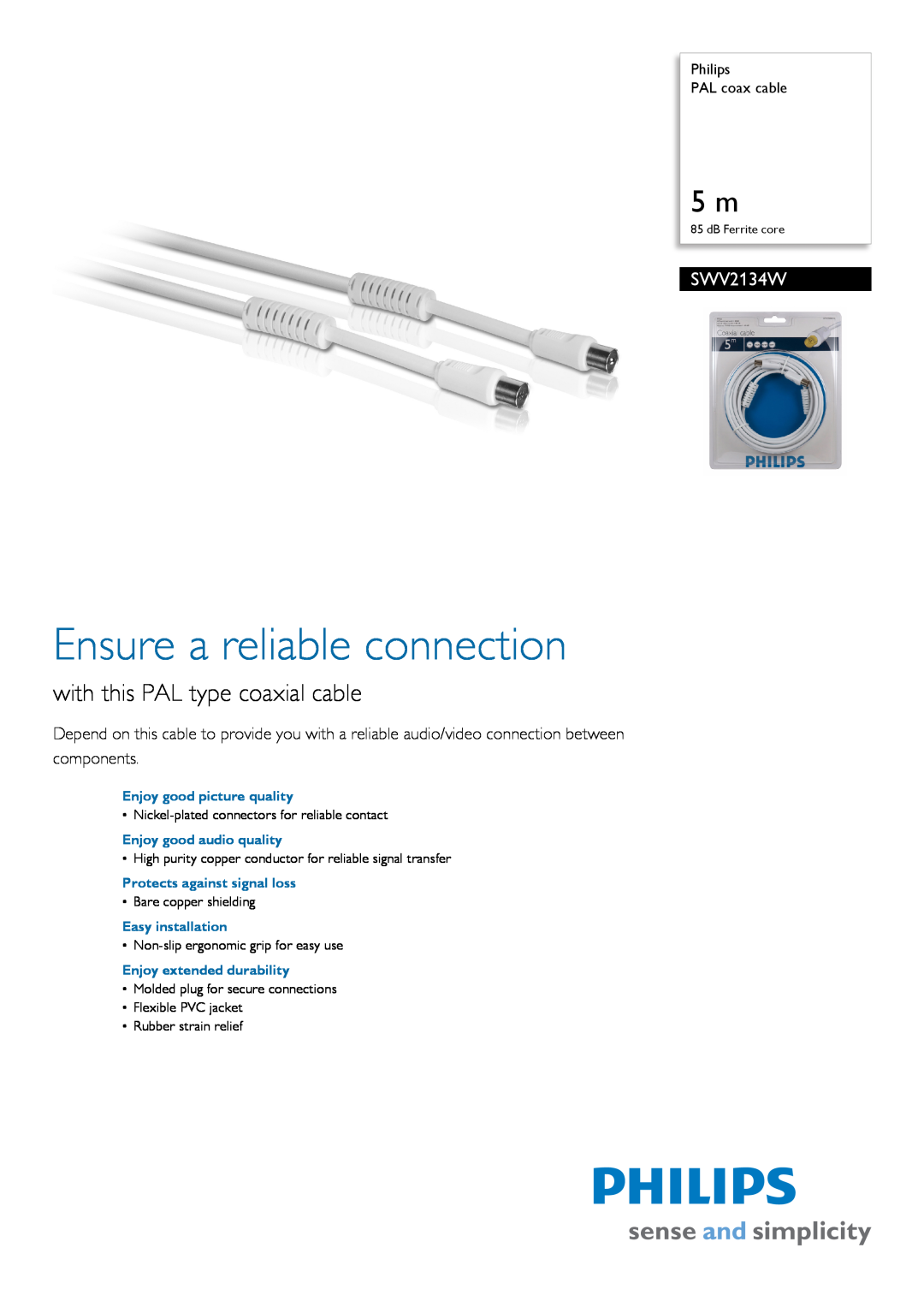 Philips SWV2134W manual Philips PAL coax cable, Ensure a reliable connection, with this PAL type coaxial cable 