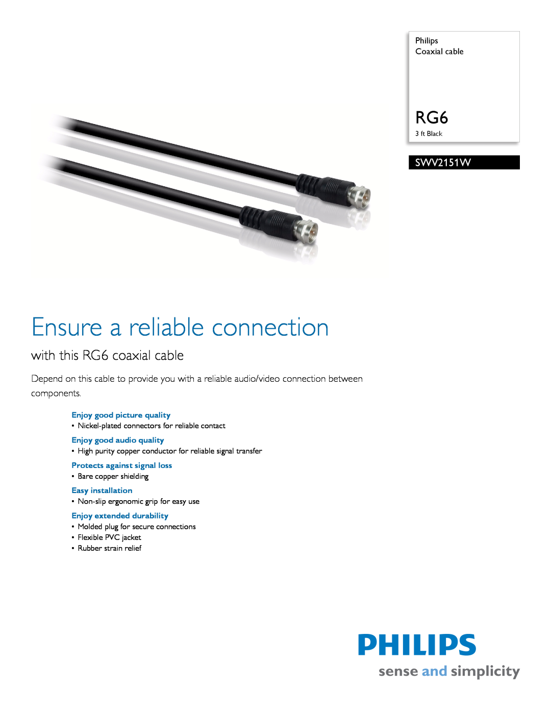 Philips SWV2151W manual Philips Coaxial cable, Ensure a reliable connection, with this RG6 coaxial cable 
