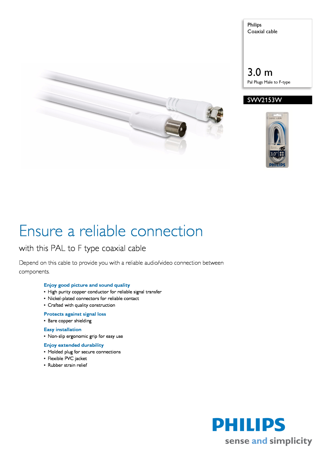 Philips SWV2153W manual Philips Coaxial cable, Ensure a reliable connection, 3.0 m, with this PAL to F type coaxial cable 