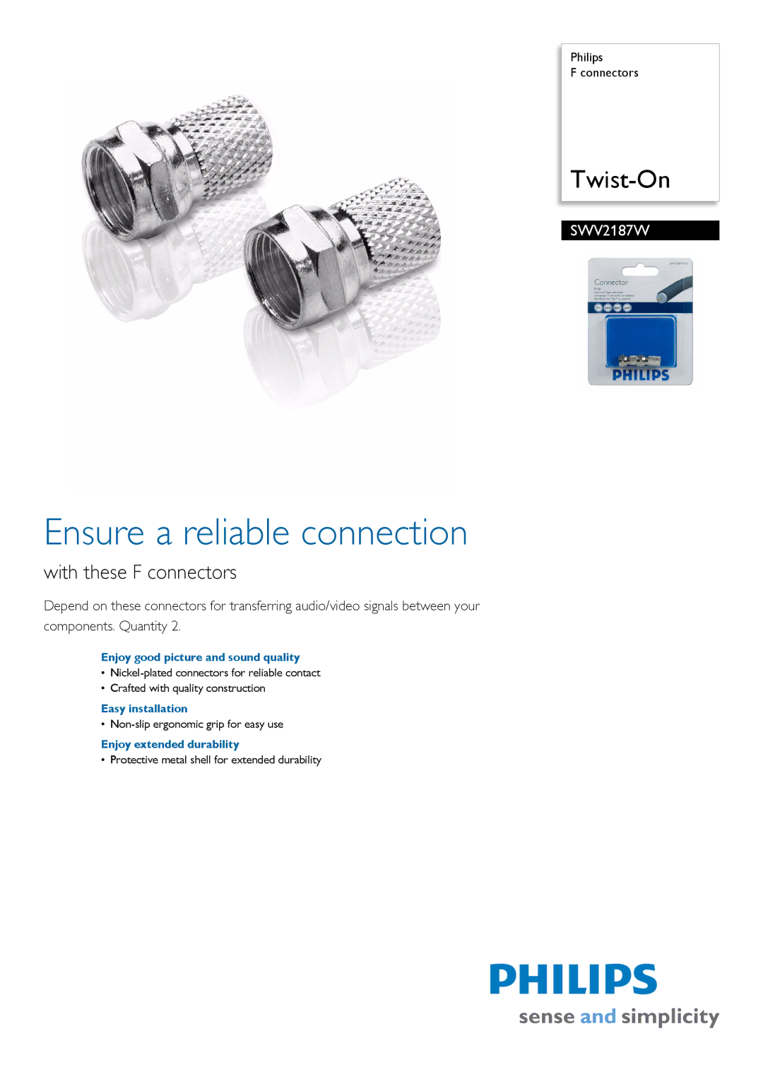 Philips SWV2187W manual Ensure a reliable connection, With these F connectors, Enjoy good picture and sound quality 