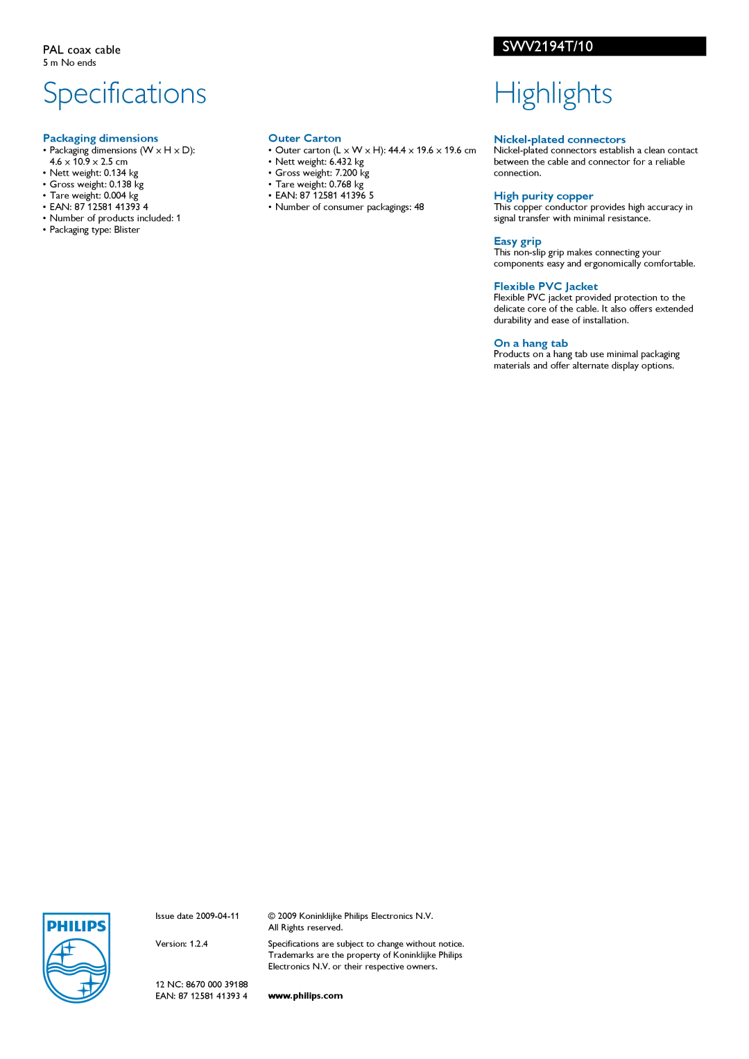 Philips SWV2194T manual Specifications, Highlights 