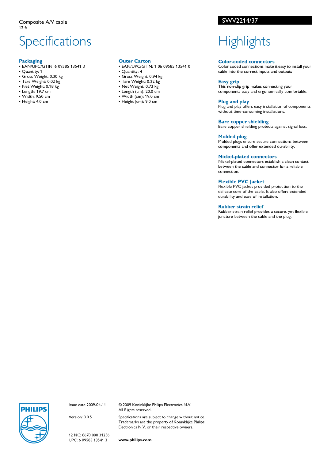 Philips SWV2214/37 manual Specifications, Highlights 