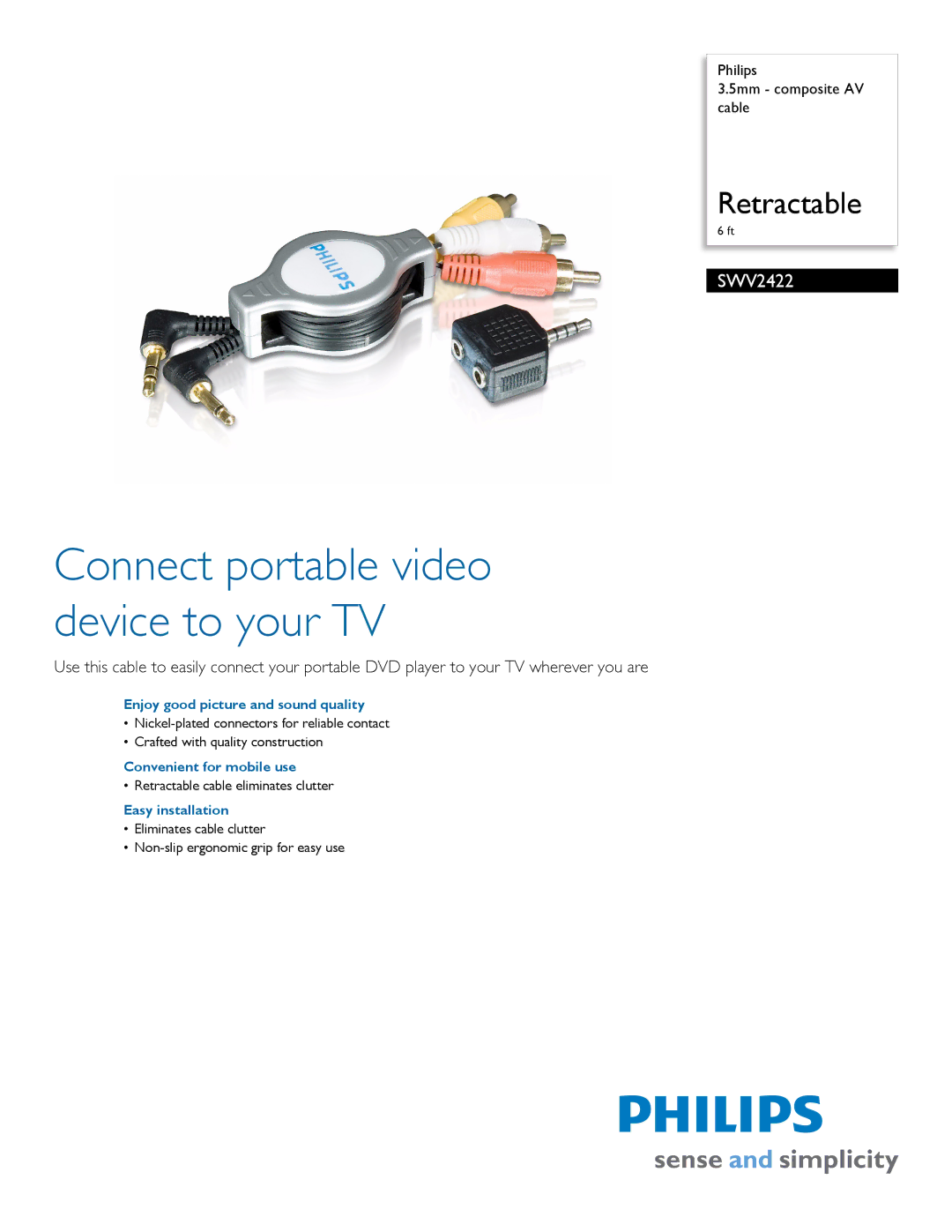 Philips SWV2422 manual Connect portable video device to your TV, Enjoy good picture and sound quality, Easy installation 