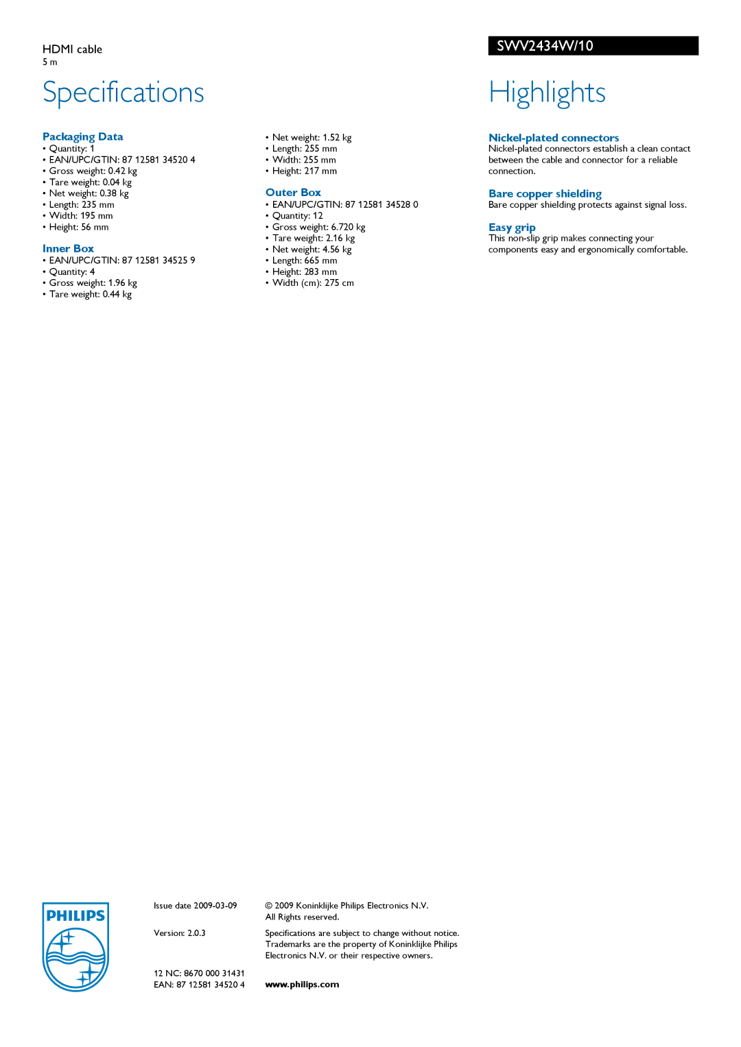 Philips SWV2434W/10 manual Specifications, Highlights 