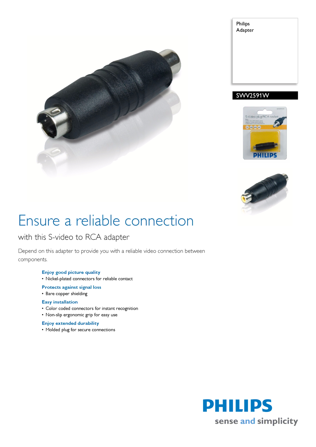 Philips SWV2591W manual Ensure a reliable connection, With this S-video to RCA adapter 