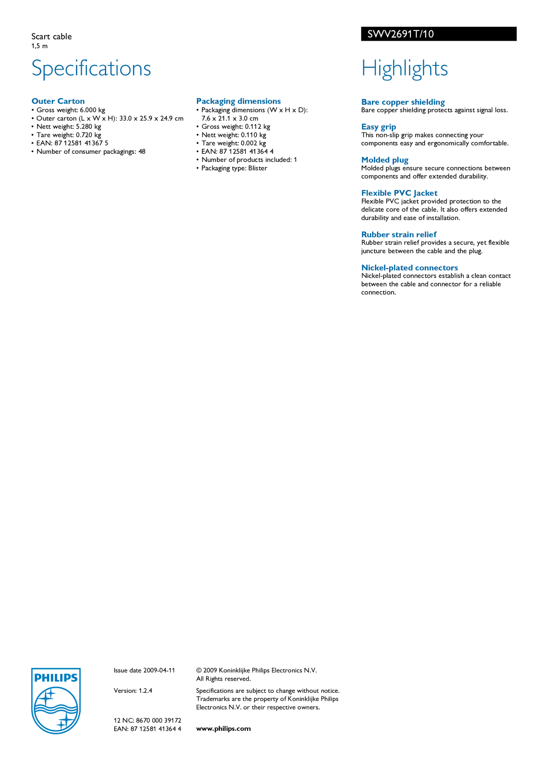 Philips SWV2691T manual Specifications, Highlights 