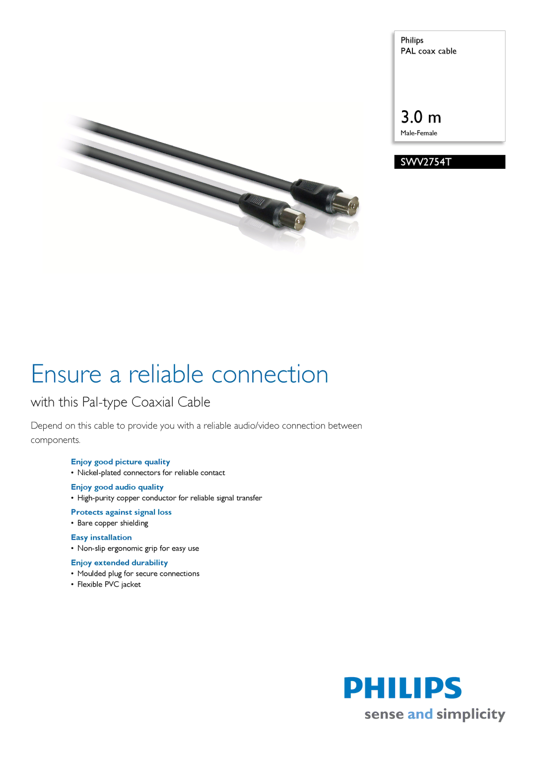 Philips SWV2754T/10 manual Ensure a reliable connection, With this Pal-type Coaxial Cable 