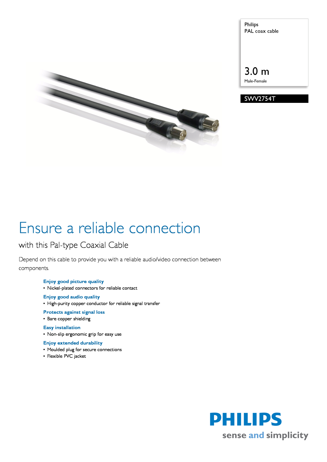 Philips SWV2754T/10 manual Philips PAL coax cable, Enjoy good picture quality, Enjoy good audio quality, Easy installation 