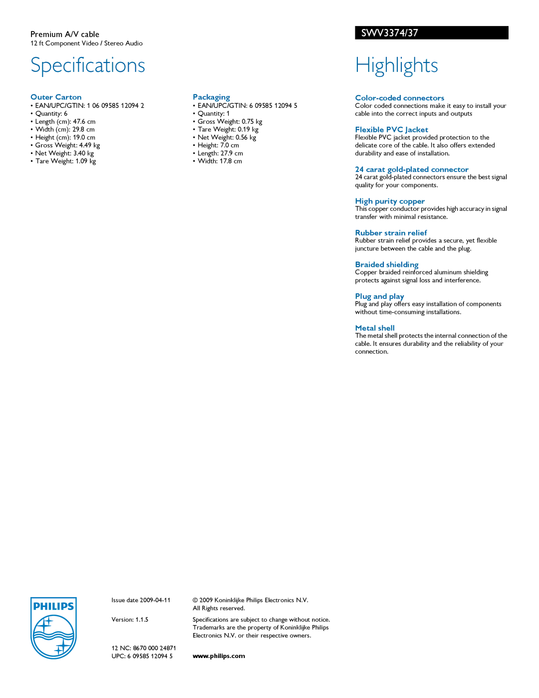 Philips SWV3374 manual Specifications, Highlights 