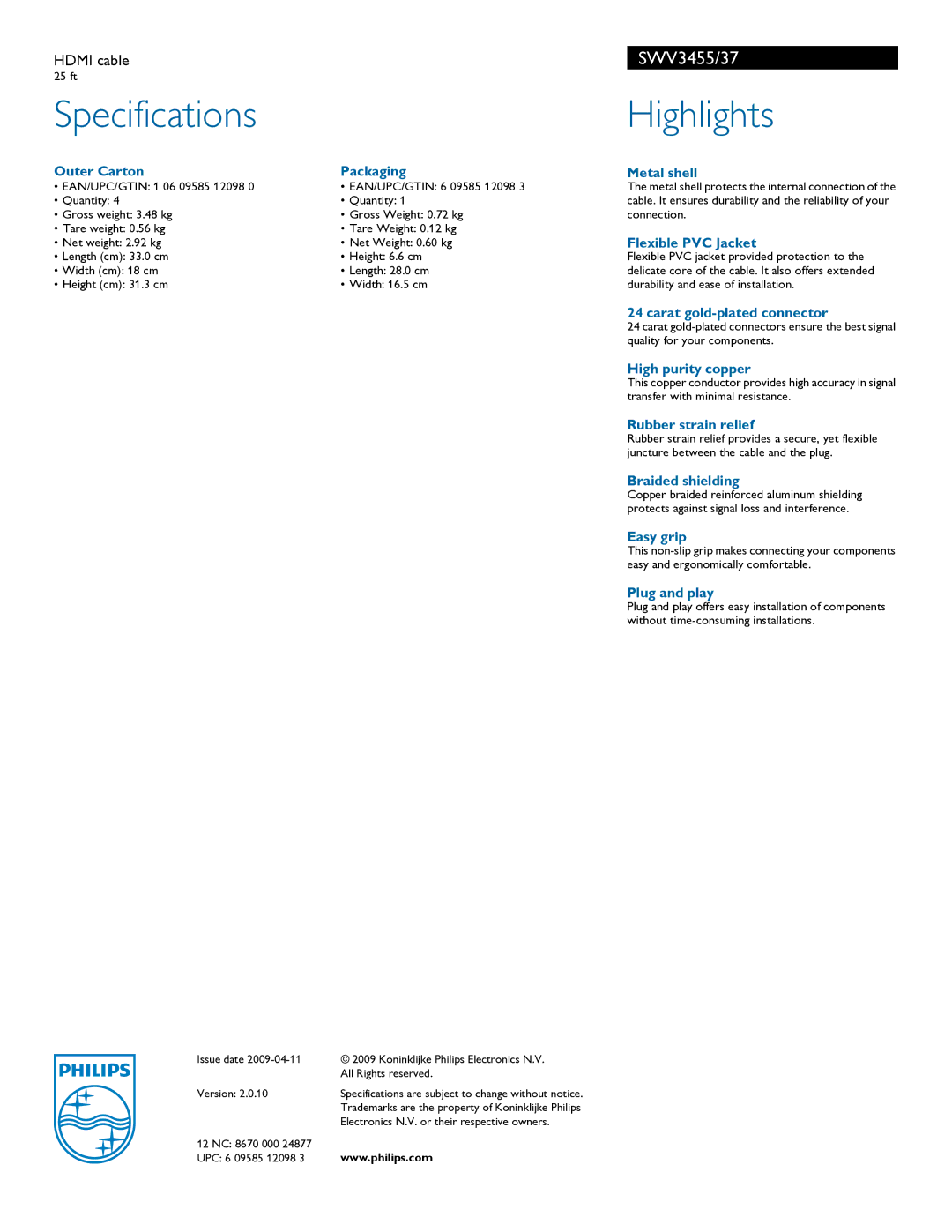 Philips SWV3455 manual Specifications, Highlights 