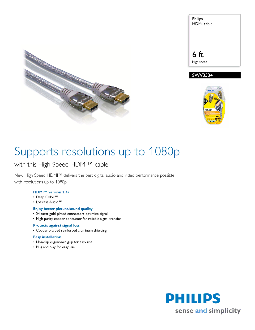 Philips SWV3534/37 manual Supports resolutions up to 1080p, With this High Speed Hdmi cable 