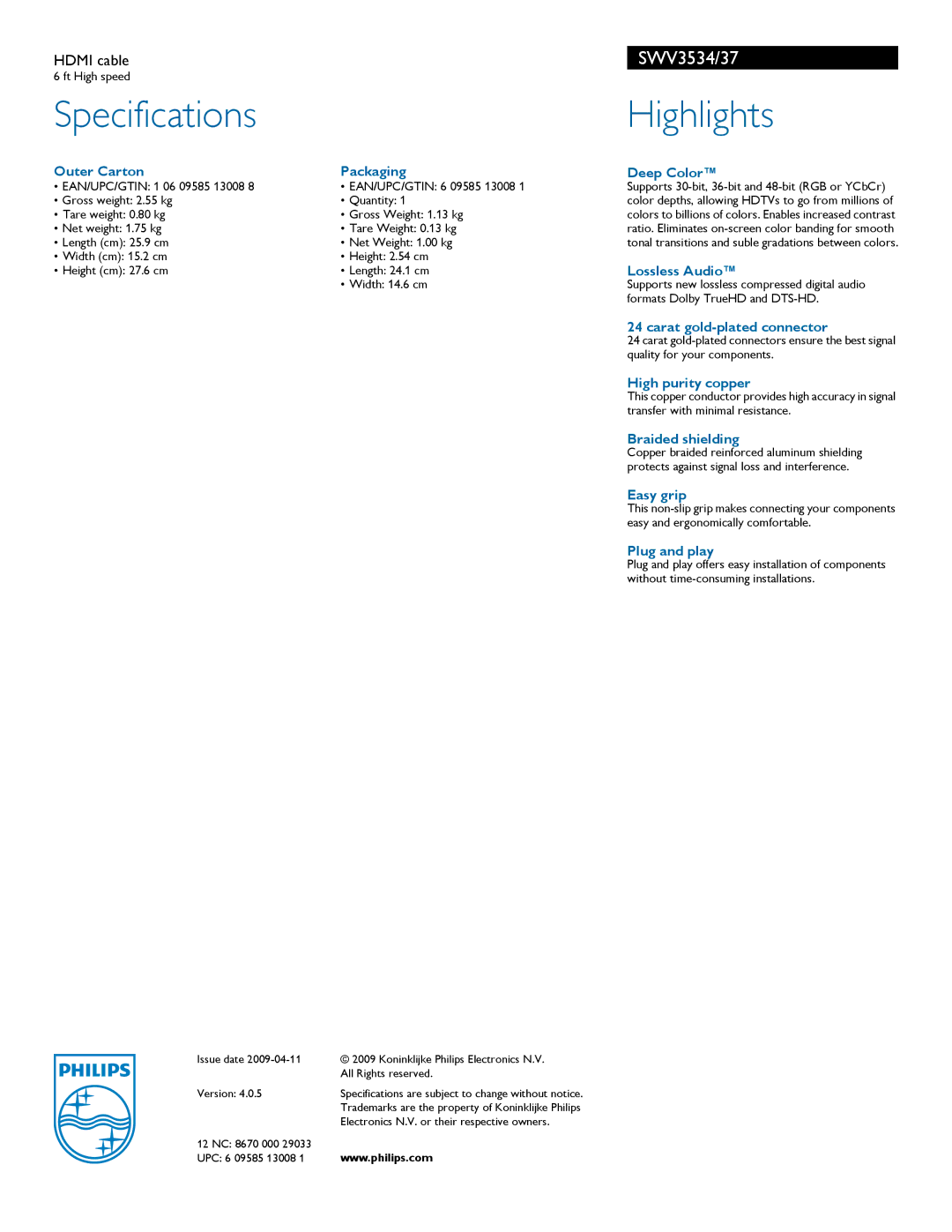 Philips SWV3534/37 manual Specifications, Highlights 