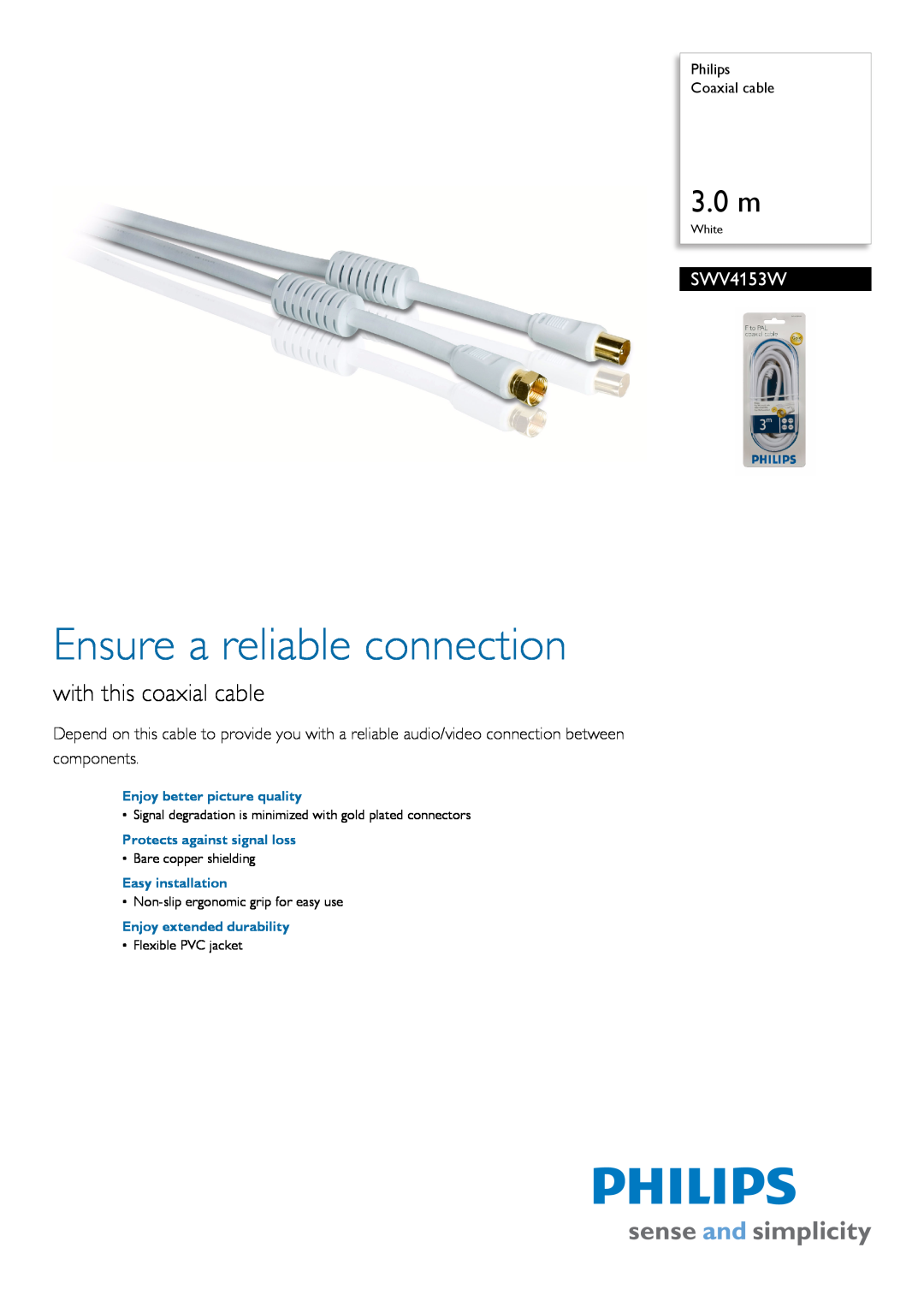 Philips SWV4153W manual Philips Coaxial cable, Enjoy better picture quality, Protects against signal loss, 3.0 m 