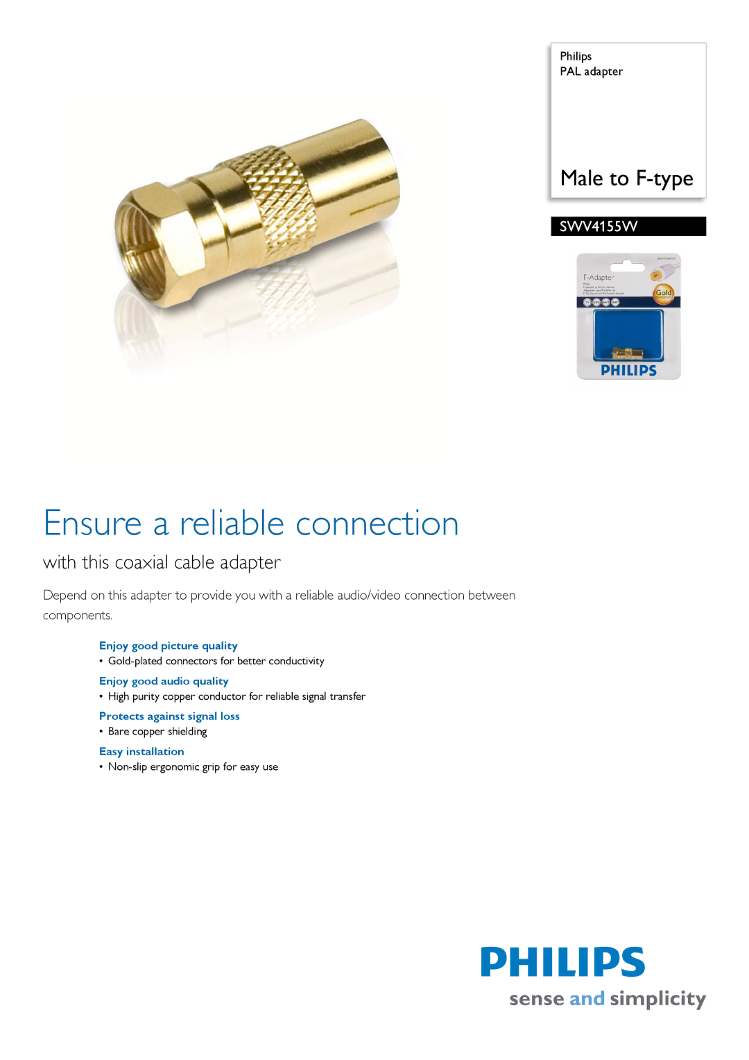 Philips SWV4155W/10 manual Ensure a reliable connection, With this coaxial cable adapter 