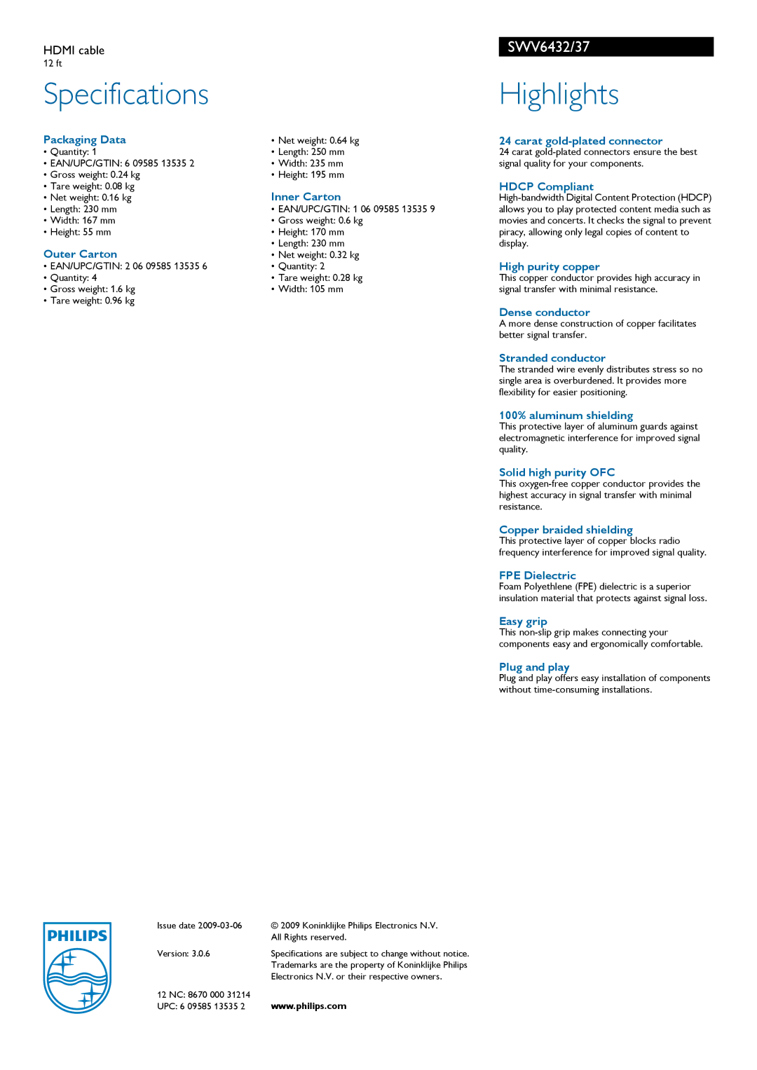 Philips SWV6432/37 manual Specifications, Highlights 