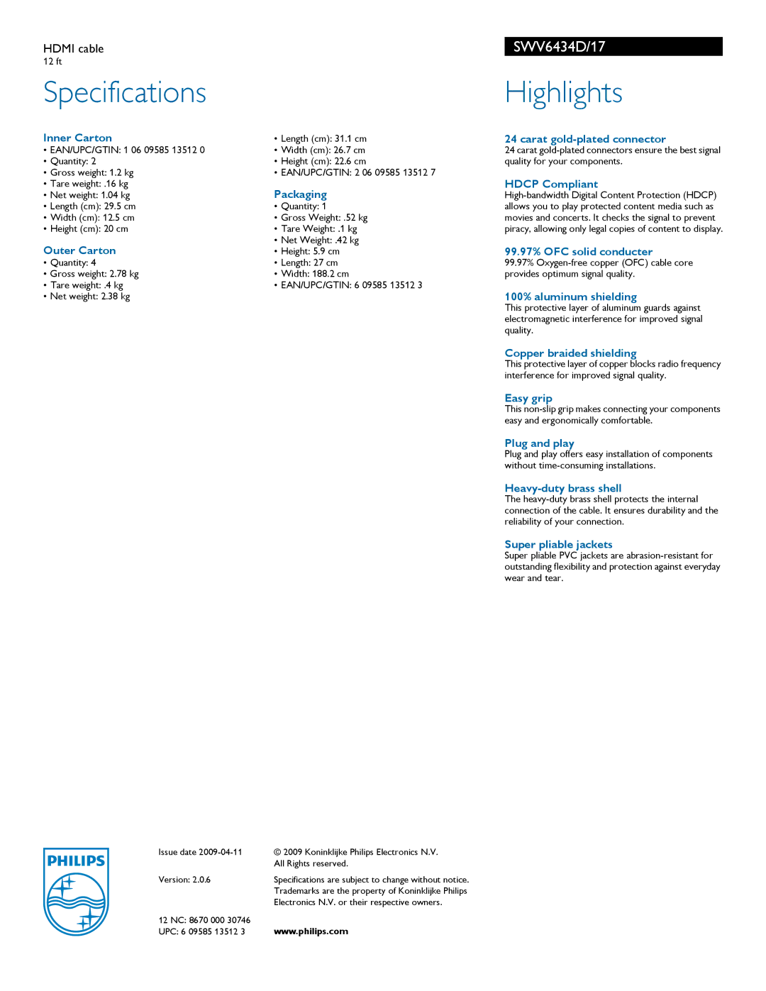 Philips SWV6434D manual Specifications, Highlights 