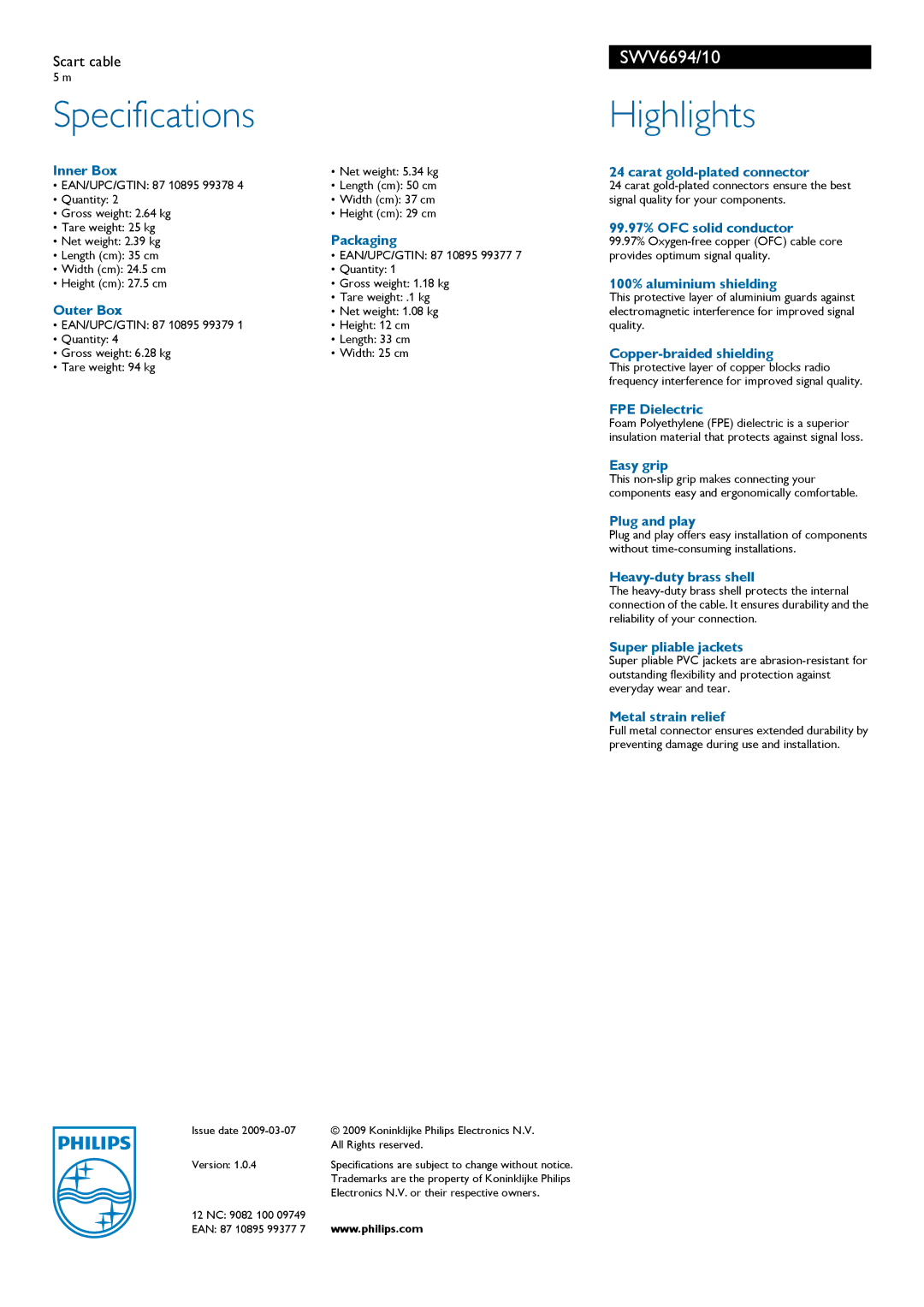 Philips SWV6694/10 manual Specifications, Highlights 