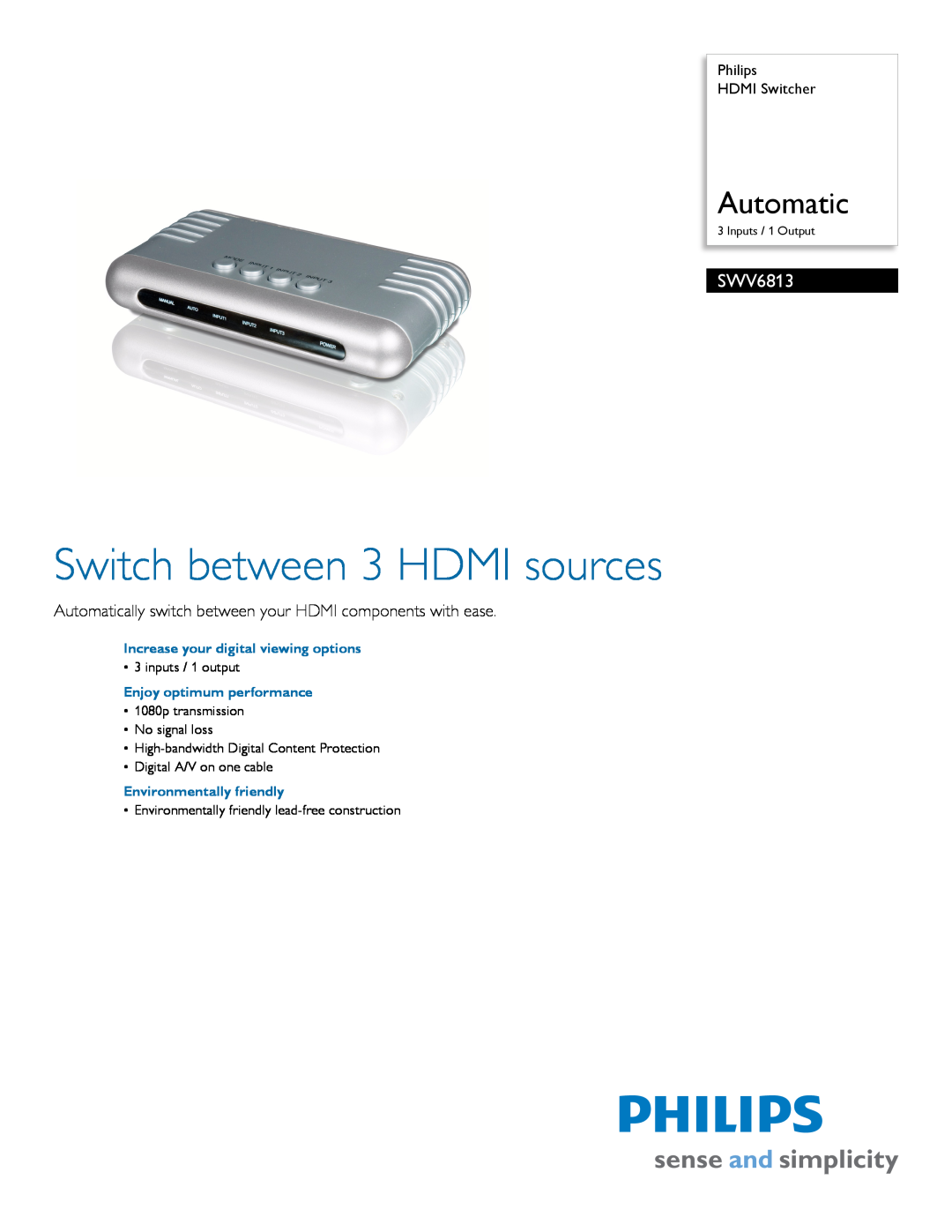Philips SWV6813/37 manual Philips HDMI Switcher, Increase your digital viewing options, Enjoy optimum performance 