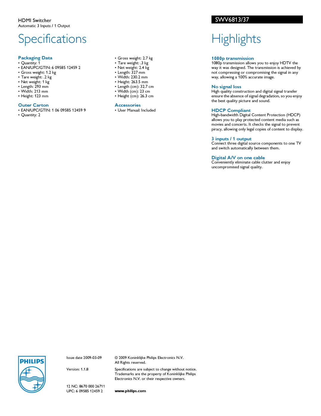 Philips SWV6813/37 manual Specifications, Highlights 