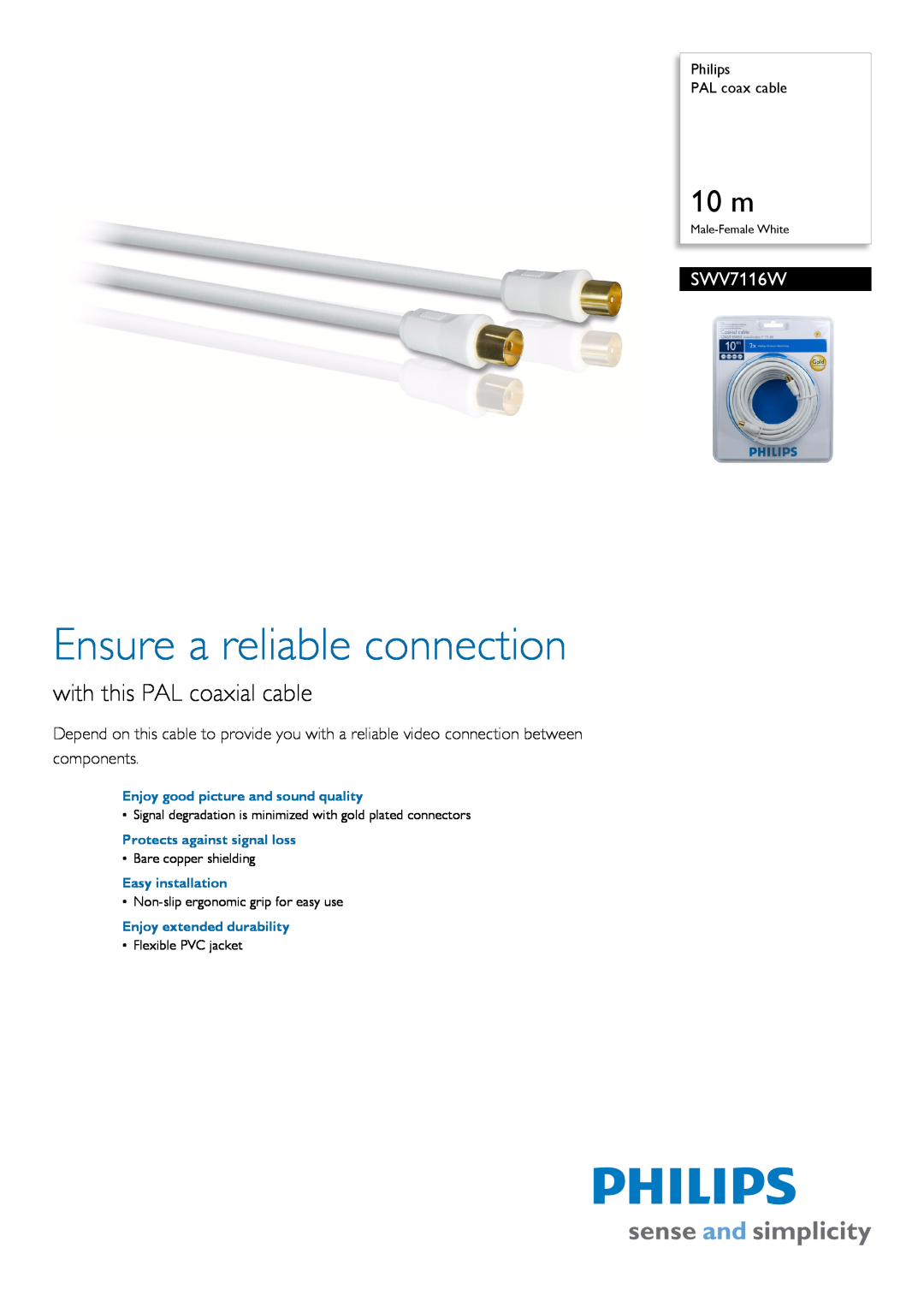 Philips SWV7116W manual Philips PAL coax cable, Enjoy good picture and sound quality, Protects against signal loss, 10 m 