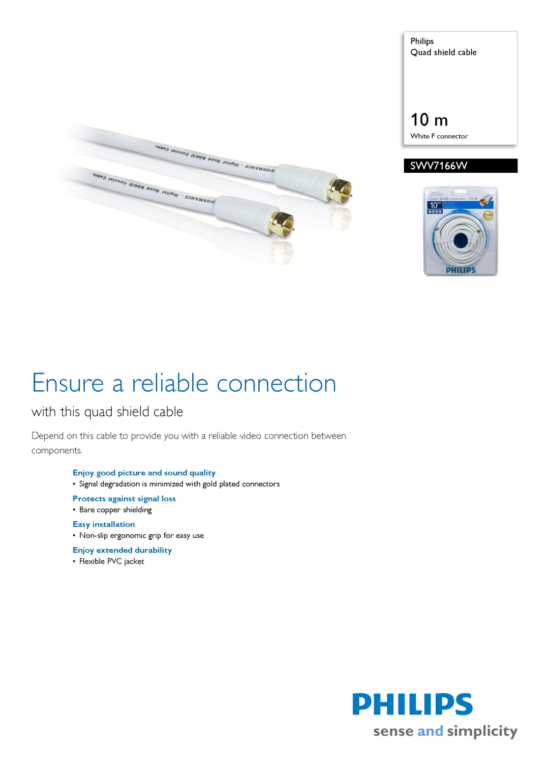 Philips SWV7166W manual Ensure a reliable connection, With this quad shield cable 