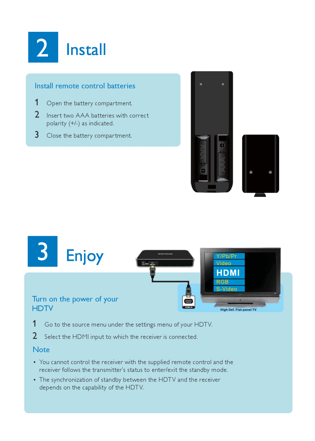 Philips SWW1800/27 quick start Enjoy, Install remote control batteries, Turn on the power of your HDTV 