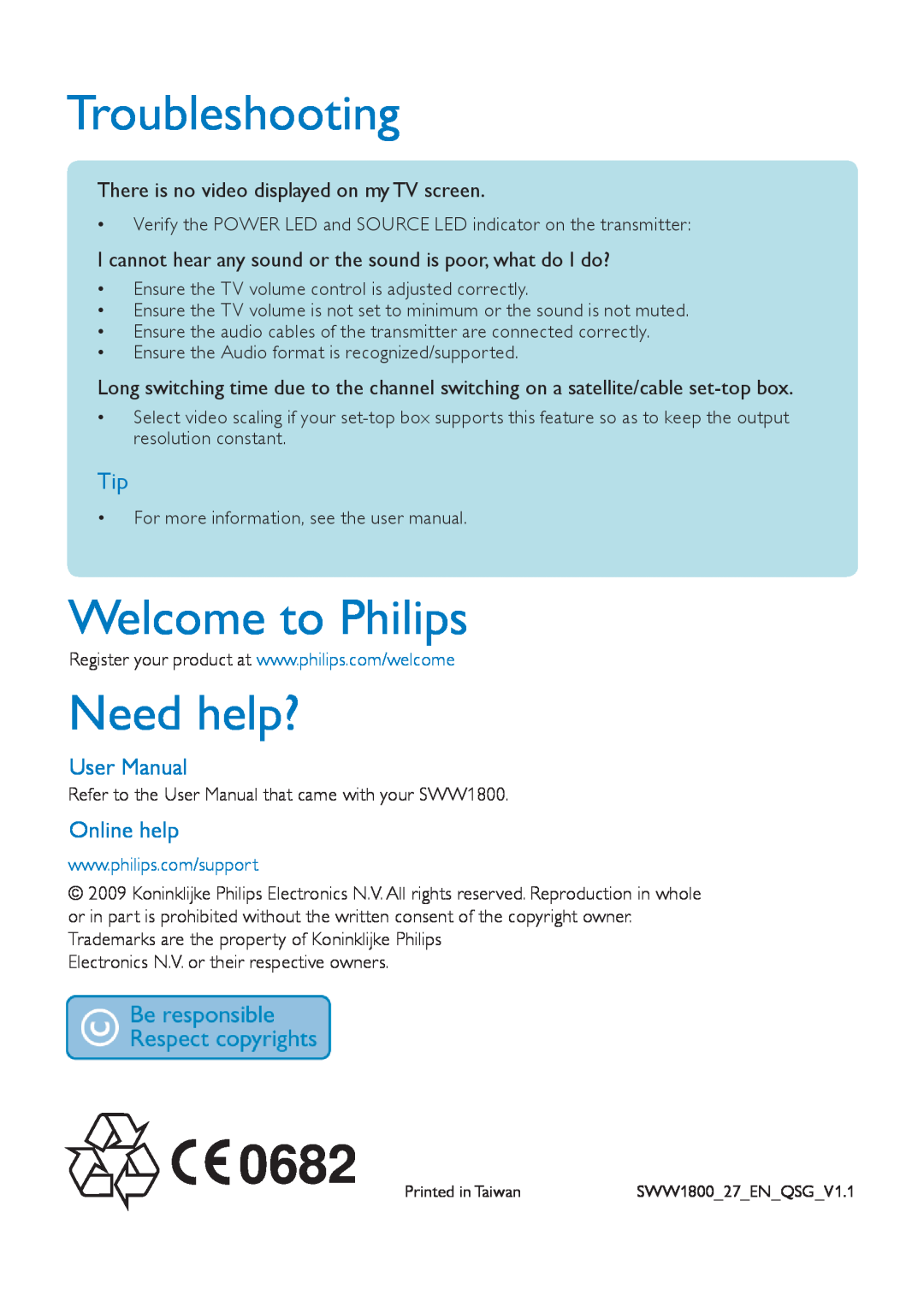 Philips SWW1800/27 quick start Troubleshooting, Welcome to Philips, Need help?, Online help, 0682 