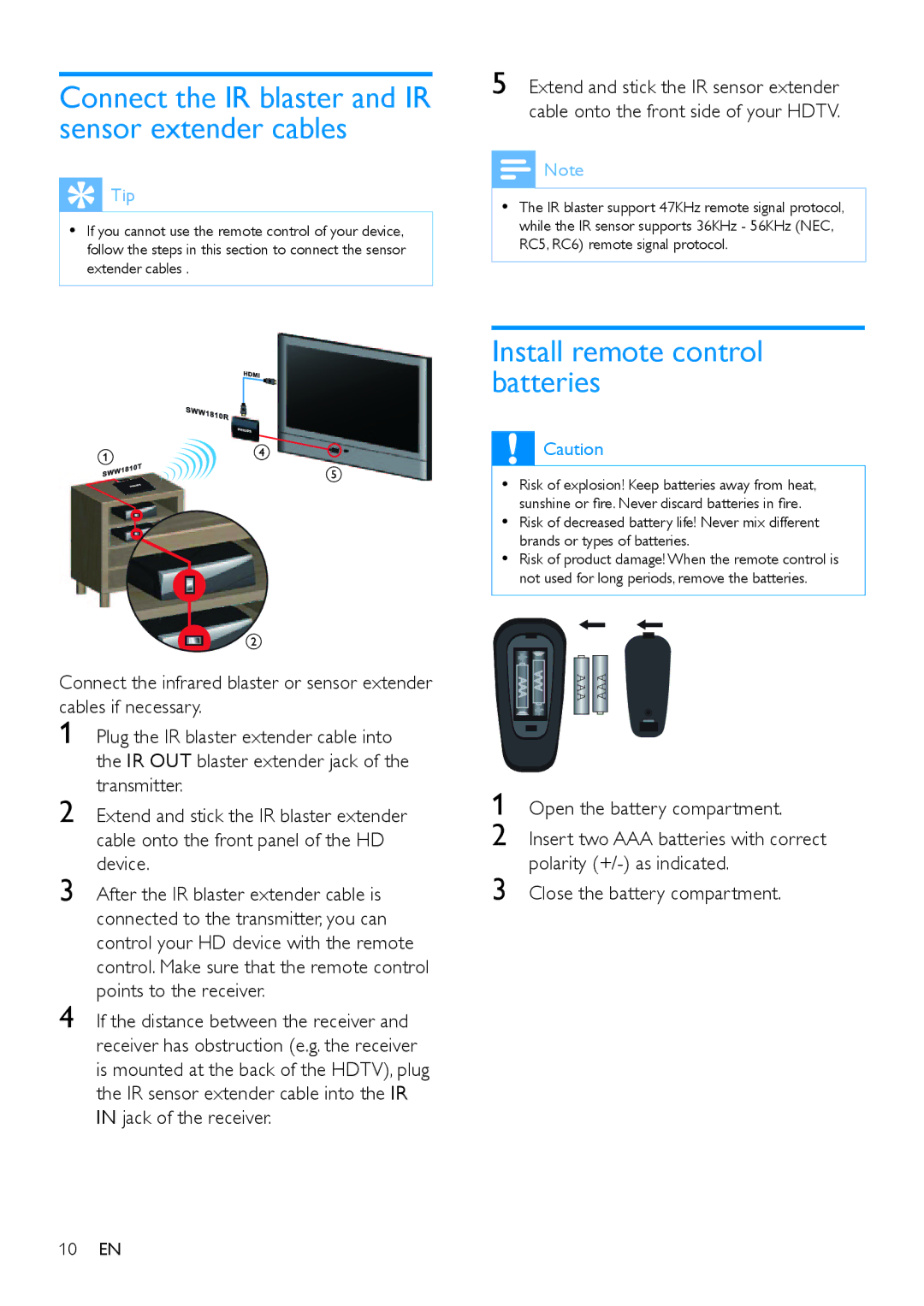 Philips SWW1810 user manual Connect the IR blaster and IR sensor extender cables, Install remote control batteries 