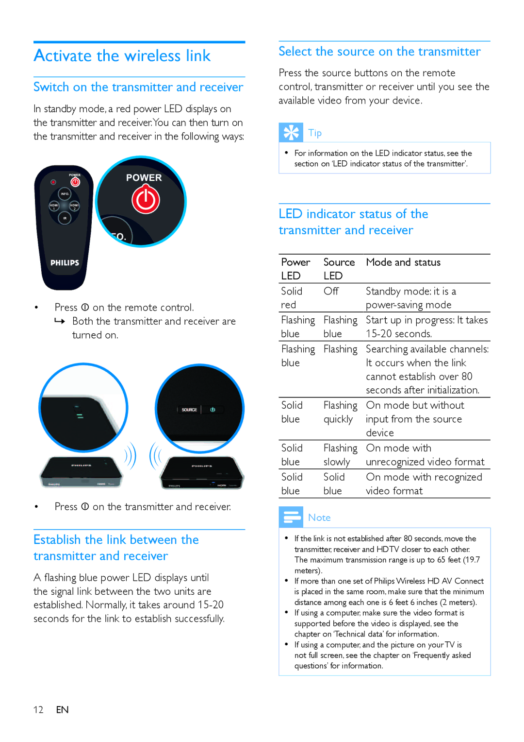 Philips SWW1810 Activate the wireless link, Switch on the transmitter and receiver, Select the source on the transmitter 