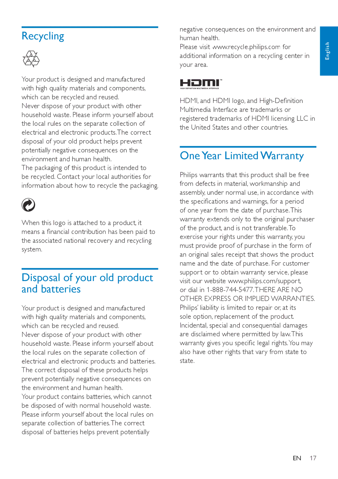 Philips SWW1810 user manual Recycling, Disposal of your old product and batteries 