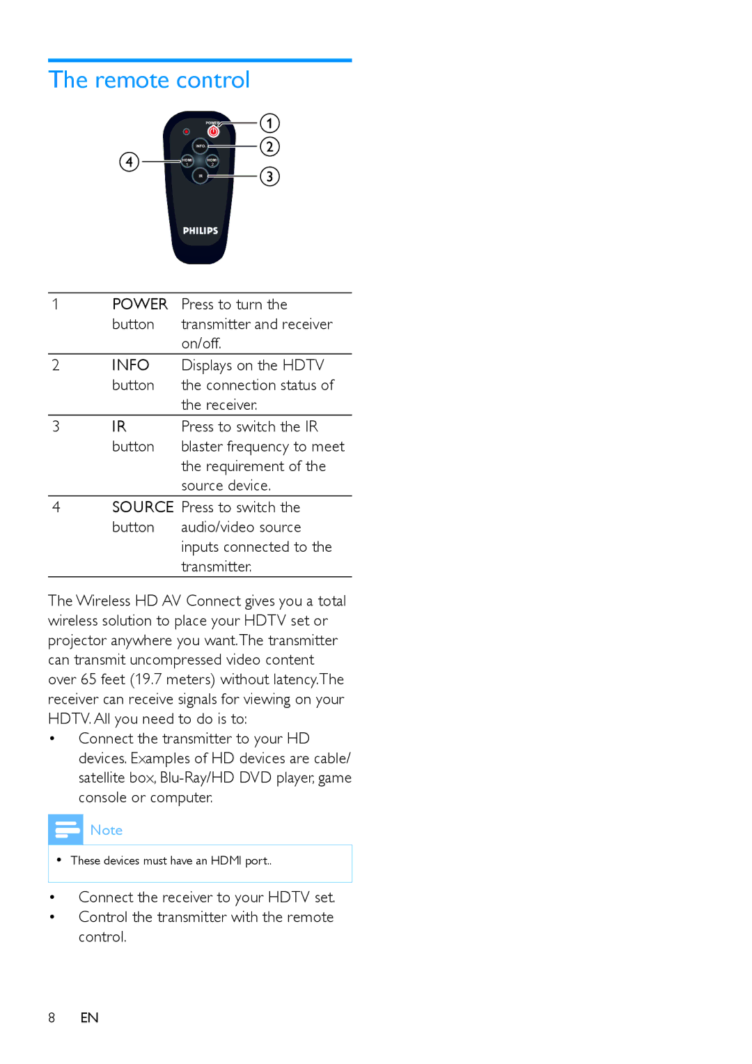 Philips SWW1810 user manual Remote control, Power, Info 