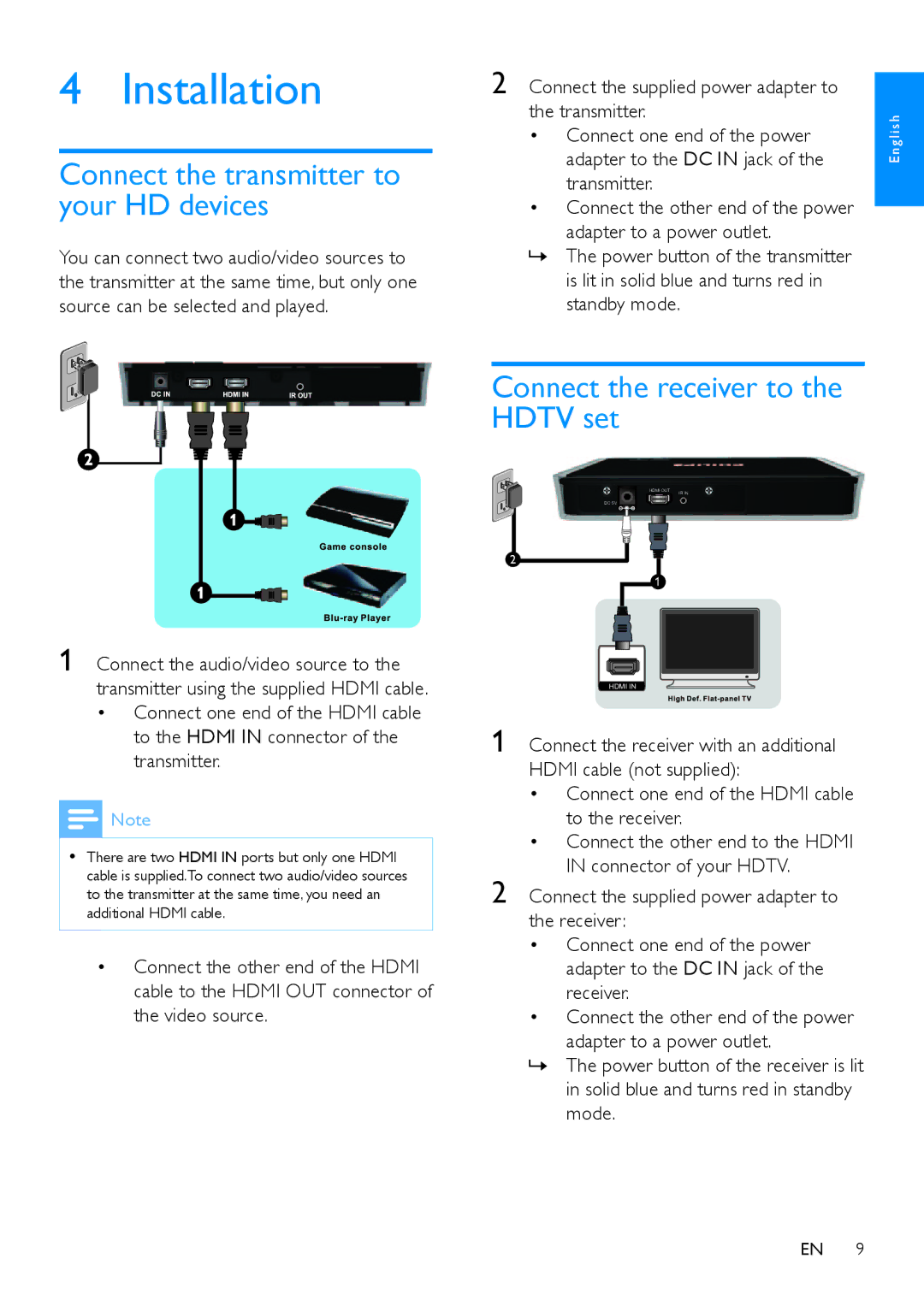 Philips SWW1810 user manual Installation, Connect the transmitter to your HD devices, Connect the receiver to the Hdtv set 