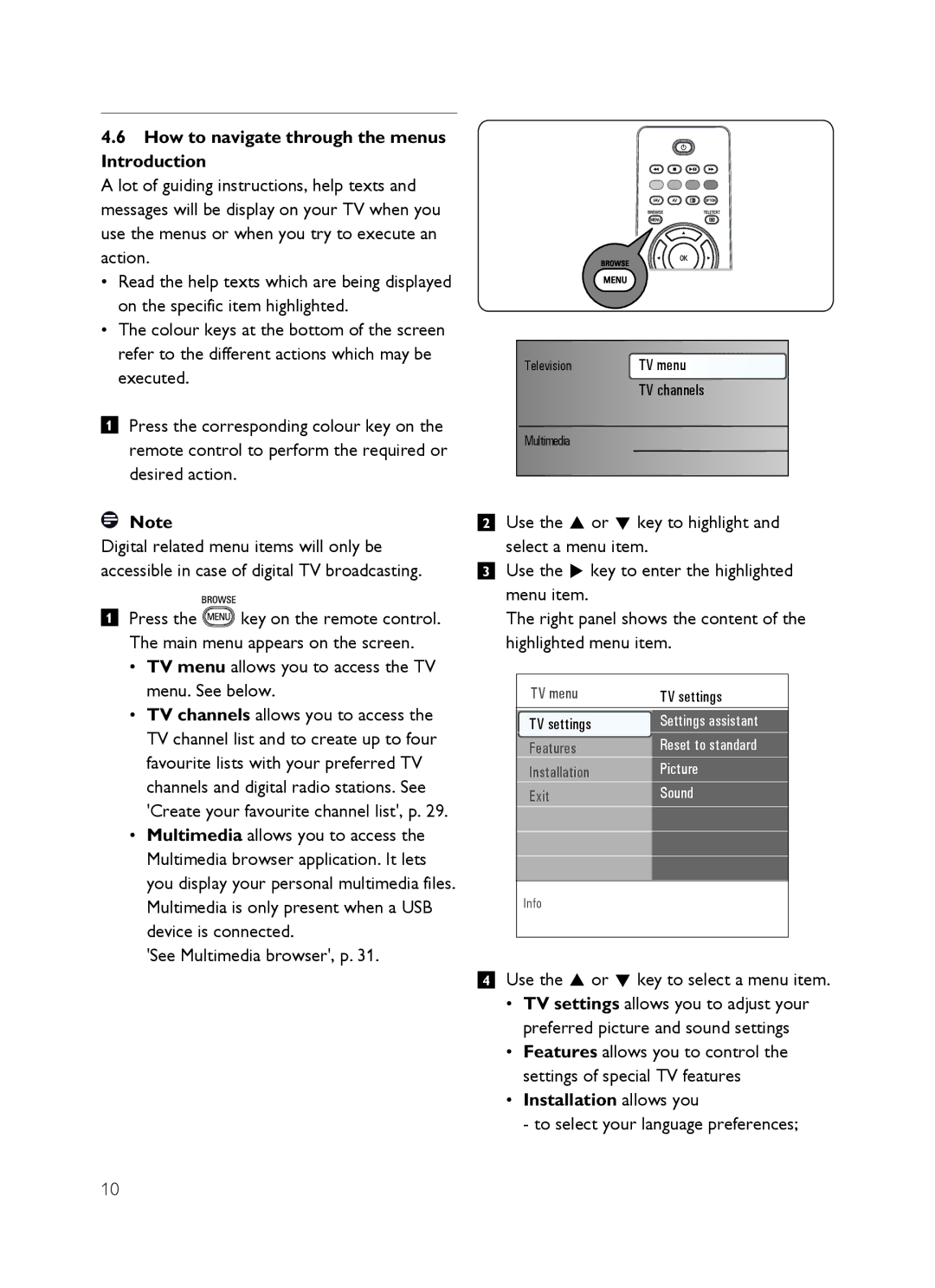 Philips SX60 How to navigate through the menus Introduction, TV menu allows you to access the TV menu. See below 