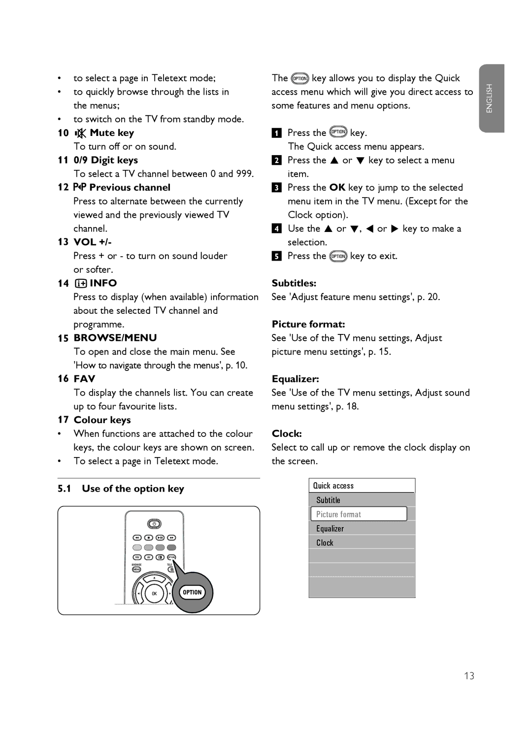 Philips SX60 10 ¬Mute key, 11 0/9 Digit keys, Previous channel, Vol +, Iinfo, 16 FAV, Colour keys, Use of the option key 