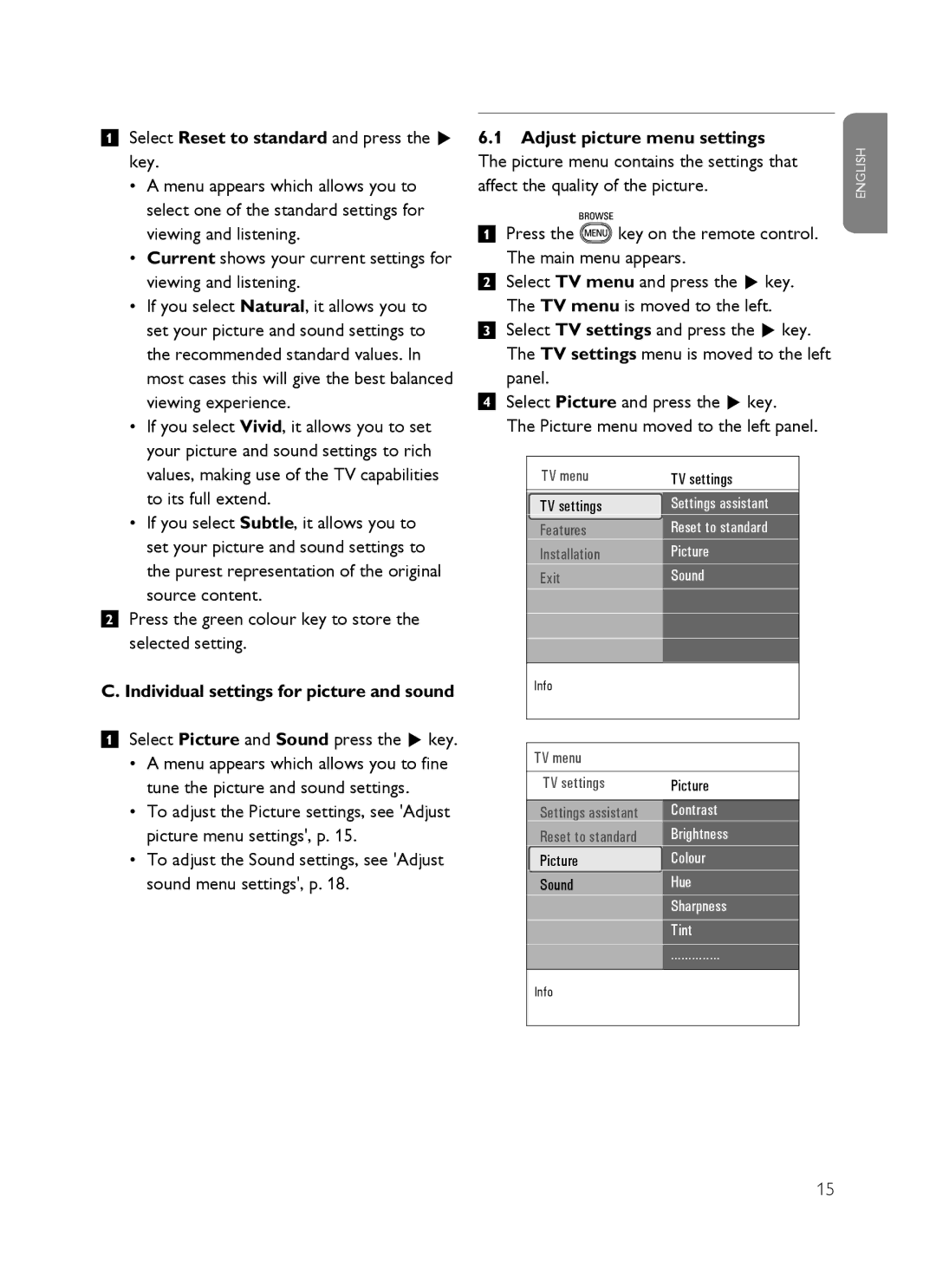 Philips SX60 user manual Select Reset to standard and press the π key, Individual settings for picture and sound 