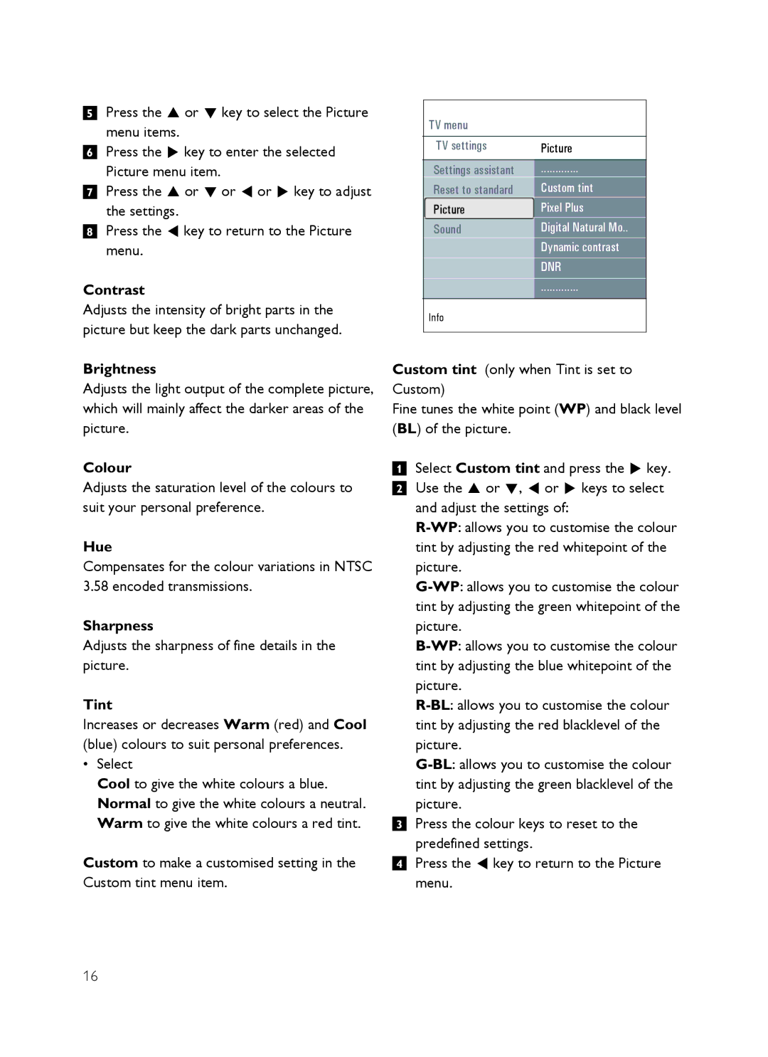 Philips SX60 user manual Contrast, Brightness, Colour, Hue, Sharpness, Tint 