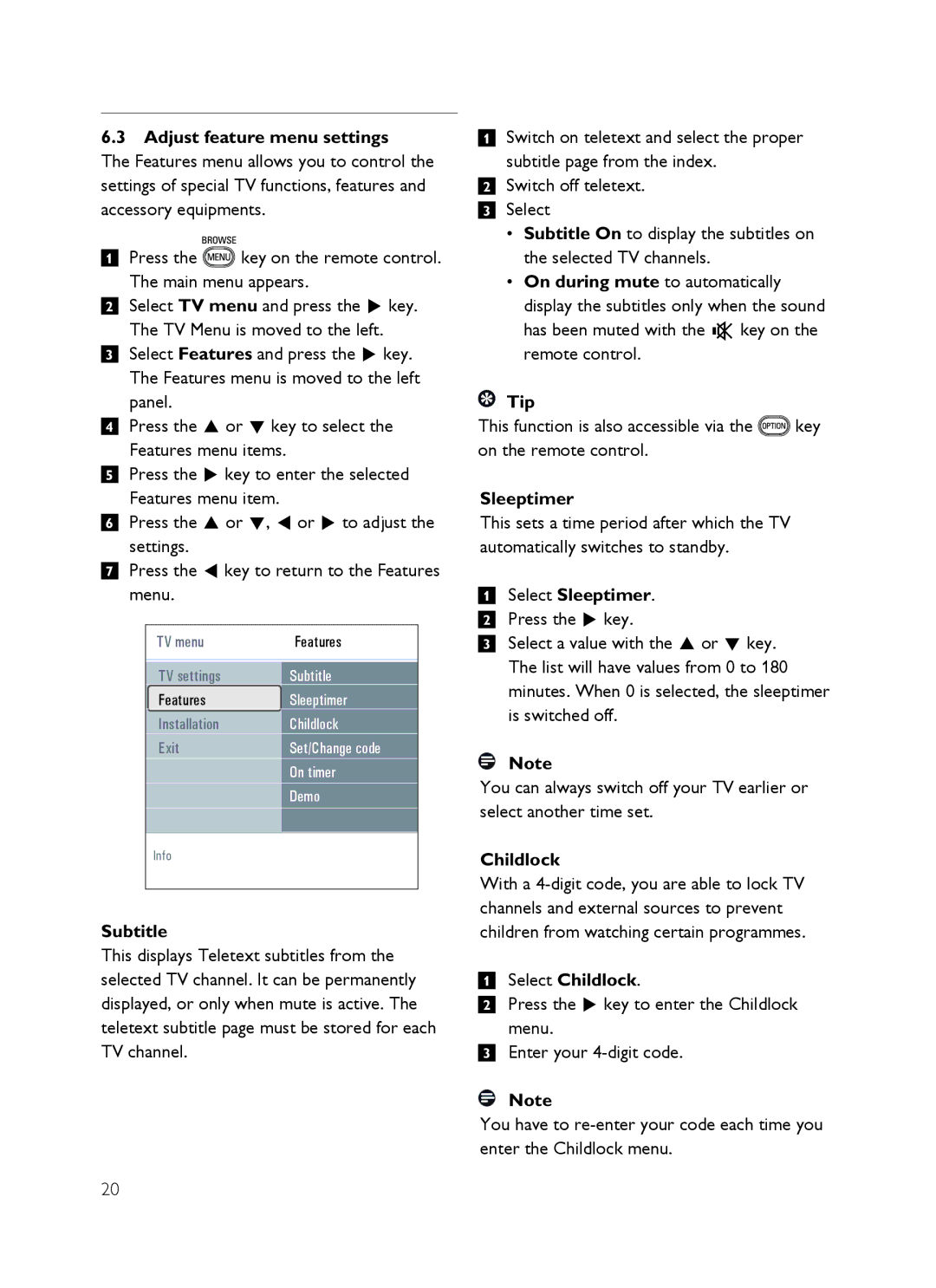 Philips SX60 Adjust feature menu settings, Subtitle, Select Sleeptimer. Press the π key, Select Childlock 