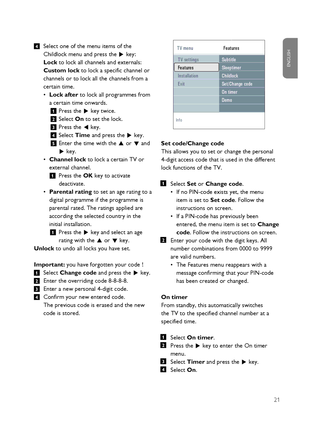 Philips SX60 user manual Set code/Change code, Select Set or Change code, On timer 