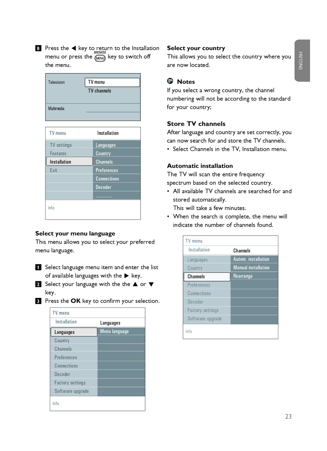 Philips SX60 Select your menu language, This menu allows you to select your preferred menu language, Select your country 