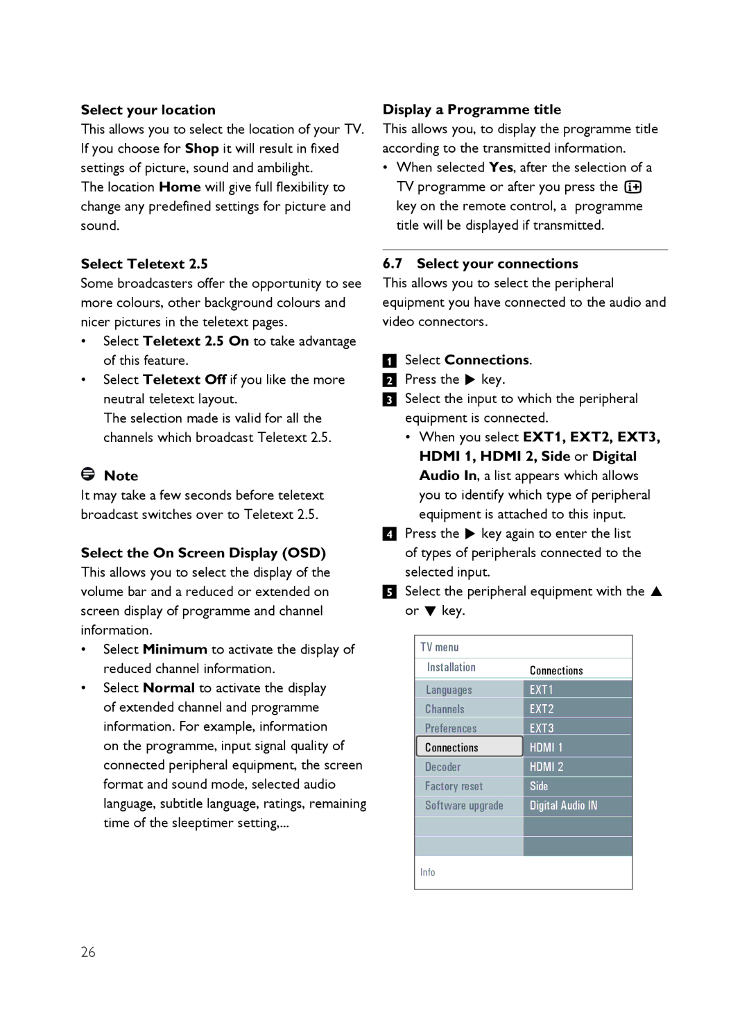 Philips SX60 Select your location, Select Teletext 2.5 On to take advantage of this feature, Display a Programme title 