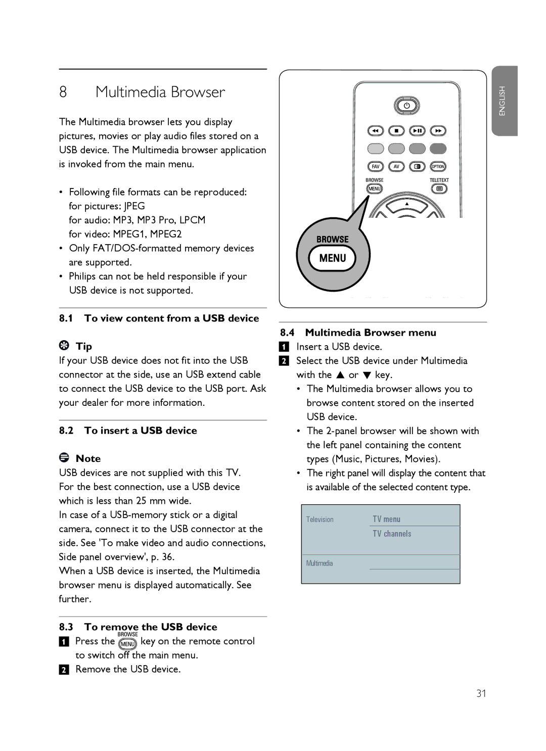 Philips SX60 Multimedia Browser, To view content from a USB device Tip, To insert a USB device, To remove the USB device 