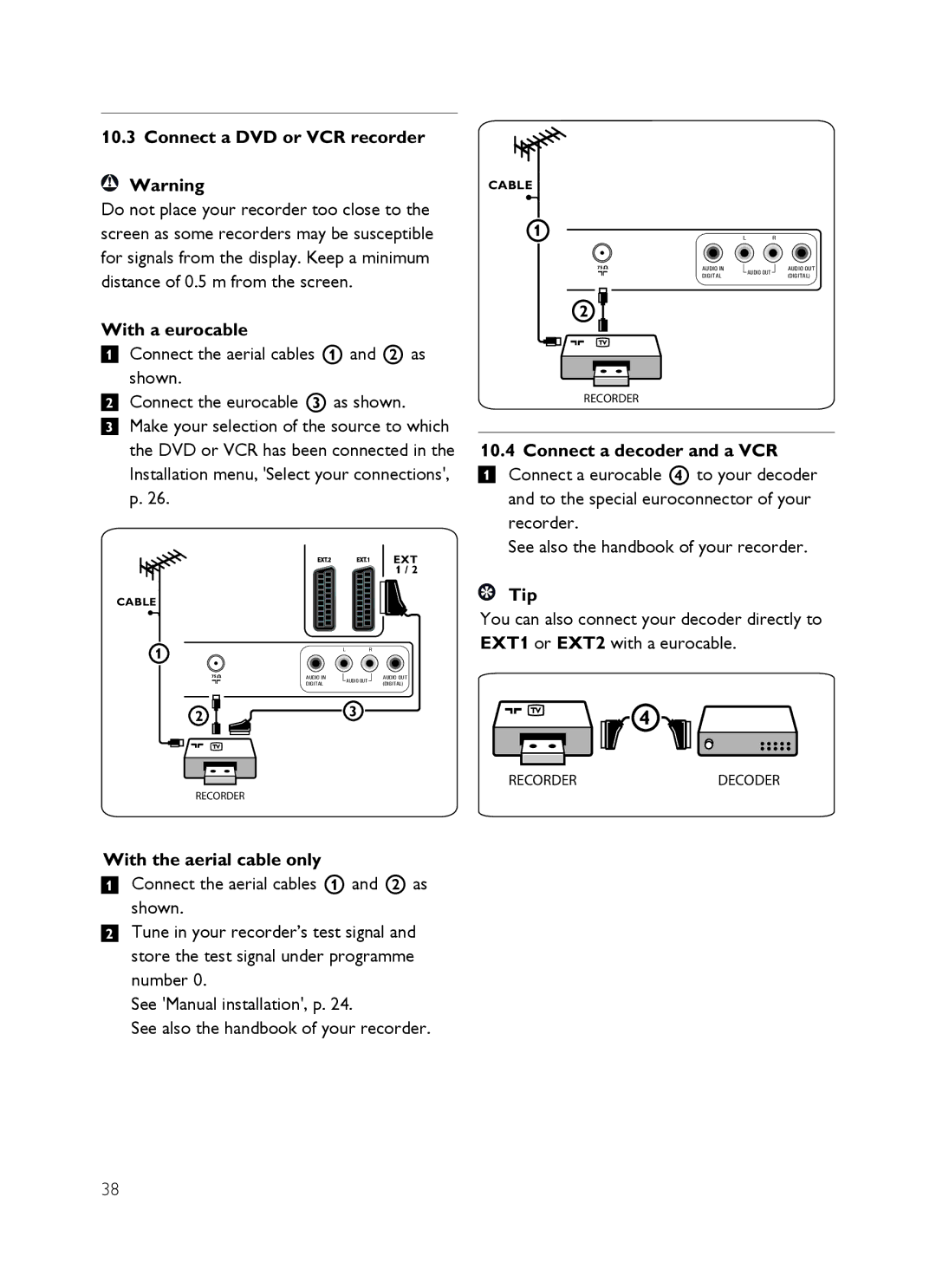 Philips SX60 Connect a DVD or VCR recorder, With a eurocable, Connect a decoder and a VCR, With the aerial cable only 