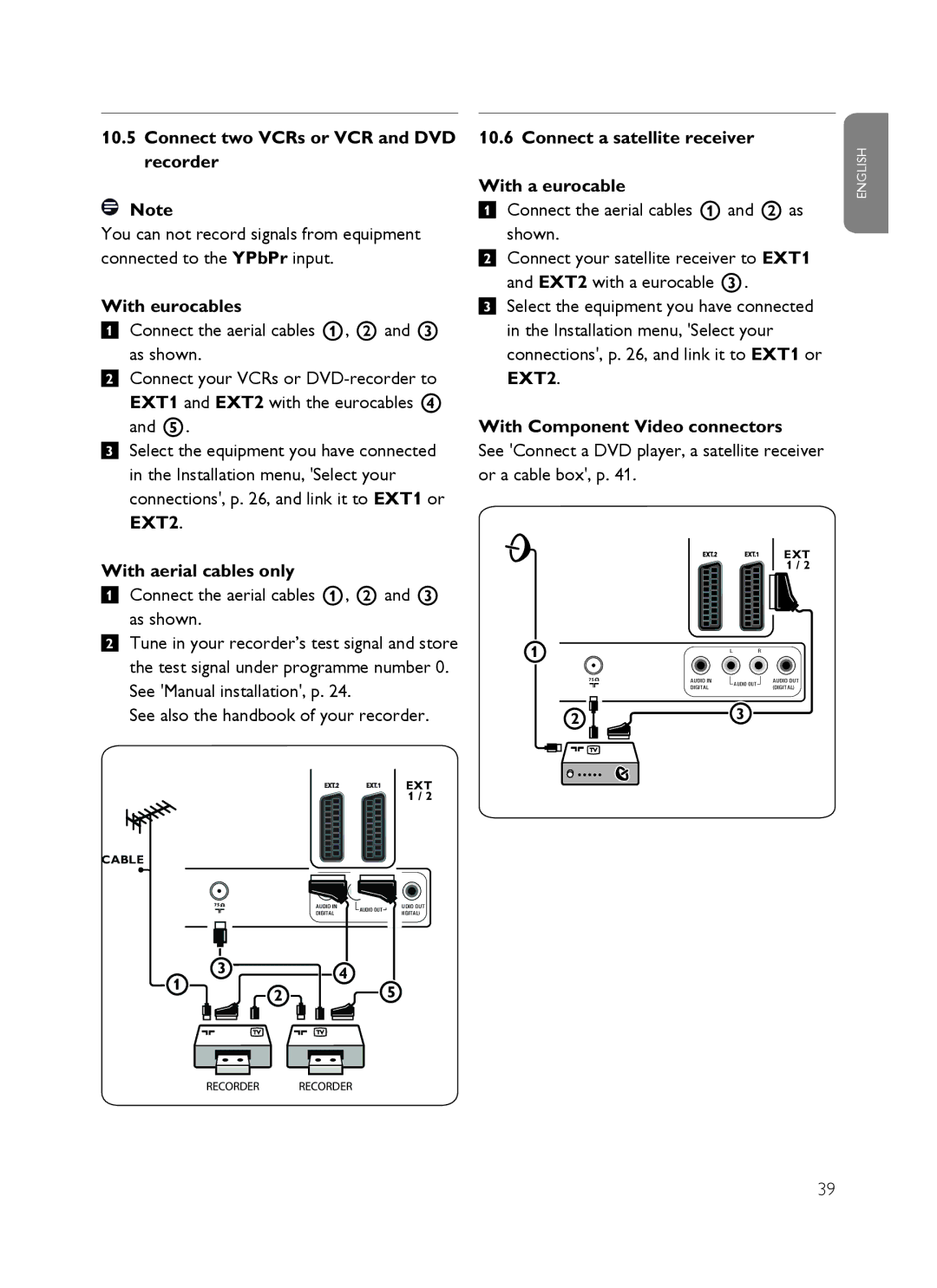 Philips SX60 Connect two VCRs or VCR and DVD recorder, With eurocables, Connect a satellite receiver With a eurocable 