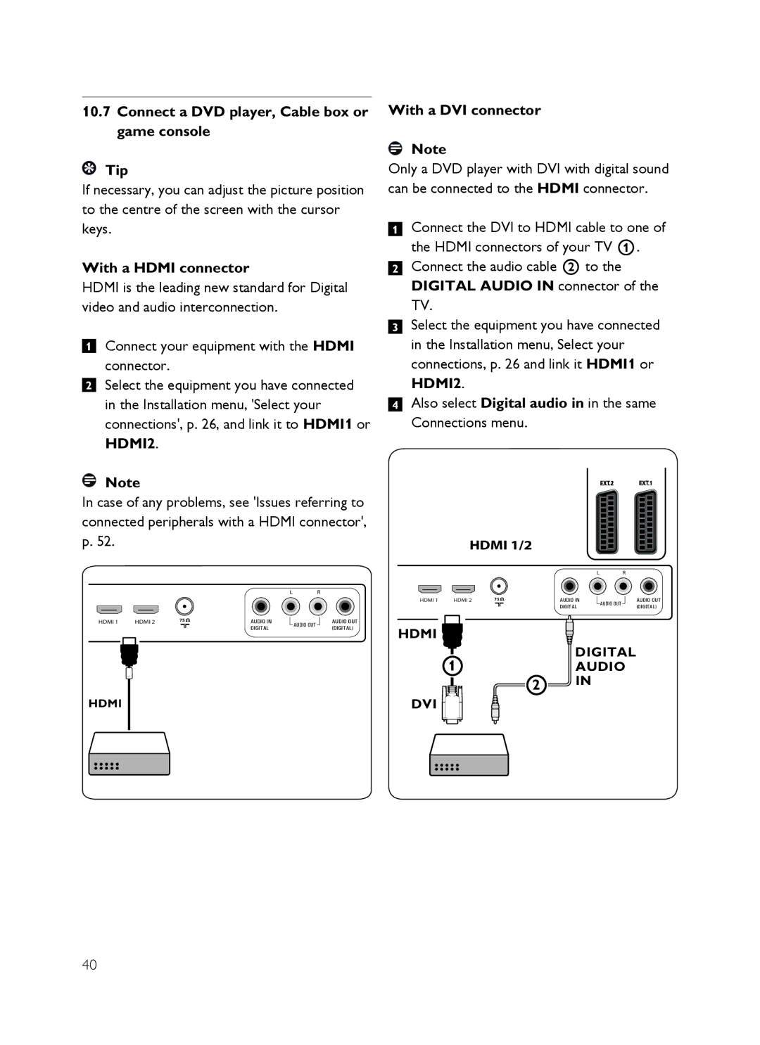 Philips SX60 user manual Connect a DVD player, Cable box or game console Tip, With a Hdmi connector, With a DVI connector 