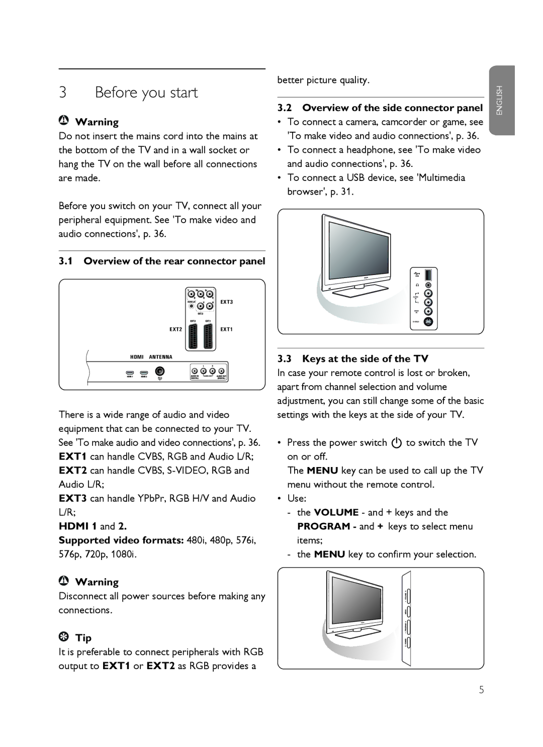 Philips SX60 user manual Before you start, Overview of the rear connector panel, Overview of the side connector panel 